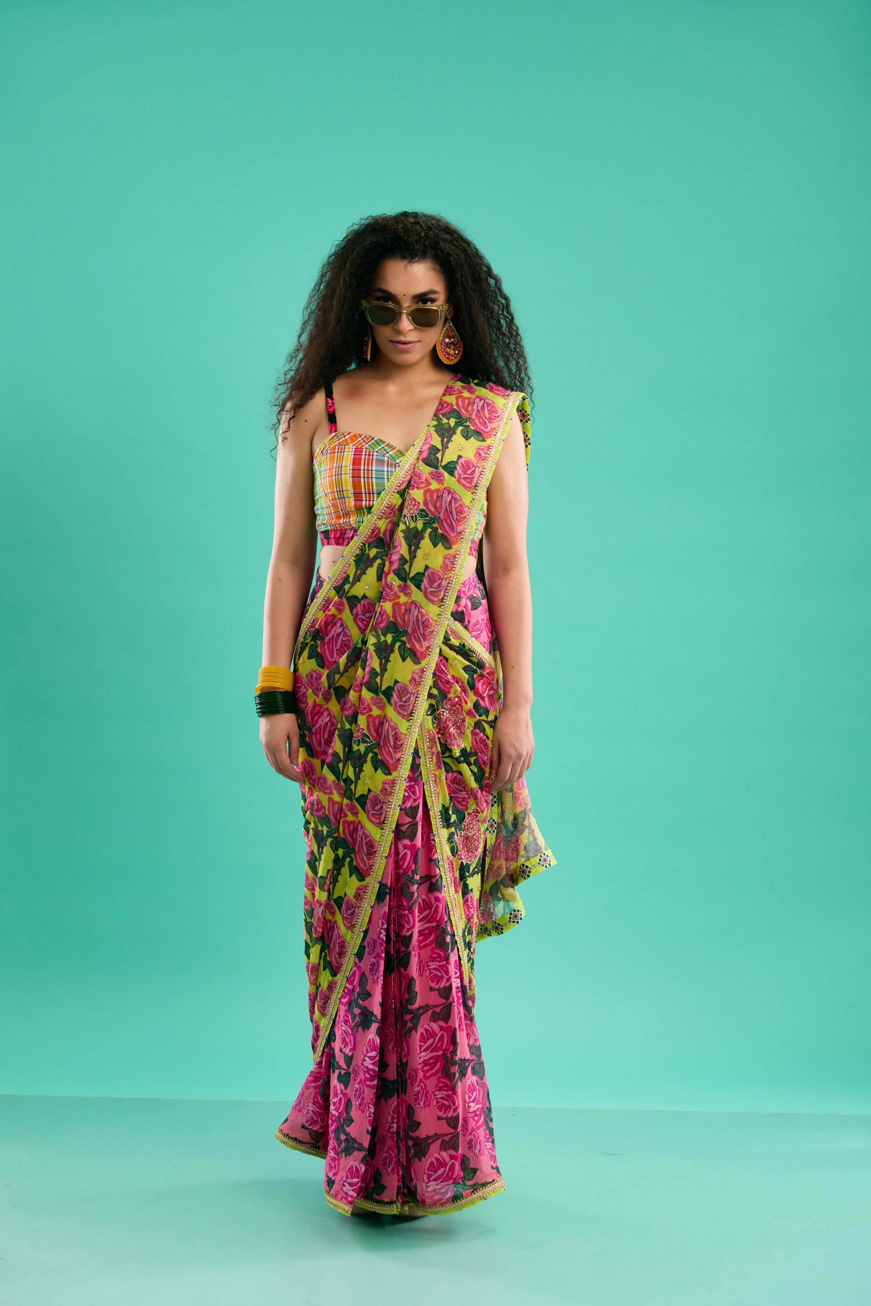 FLORAL PRINTED GEORGETTE SAREE WITH MADRAS CHECK BLOUSE