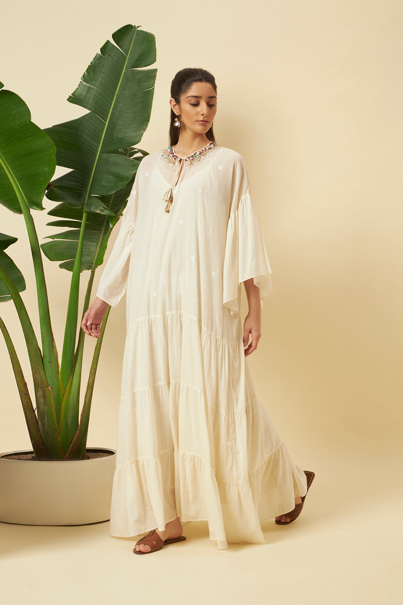 IVORY TIERED KAFTAN DRESS