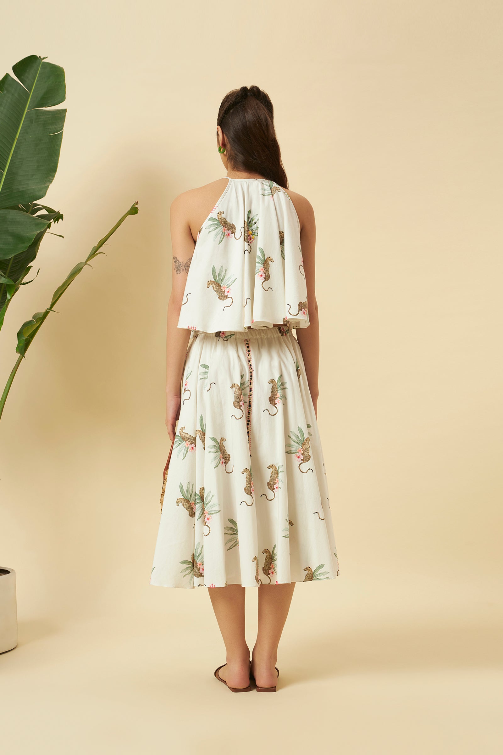 CHETAH PRINT FABRIC FRINGE TOP AND SKIRT SET