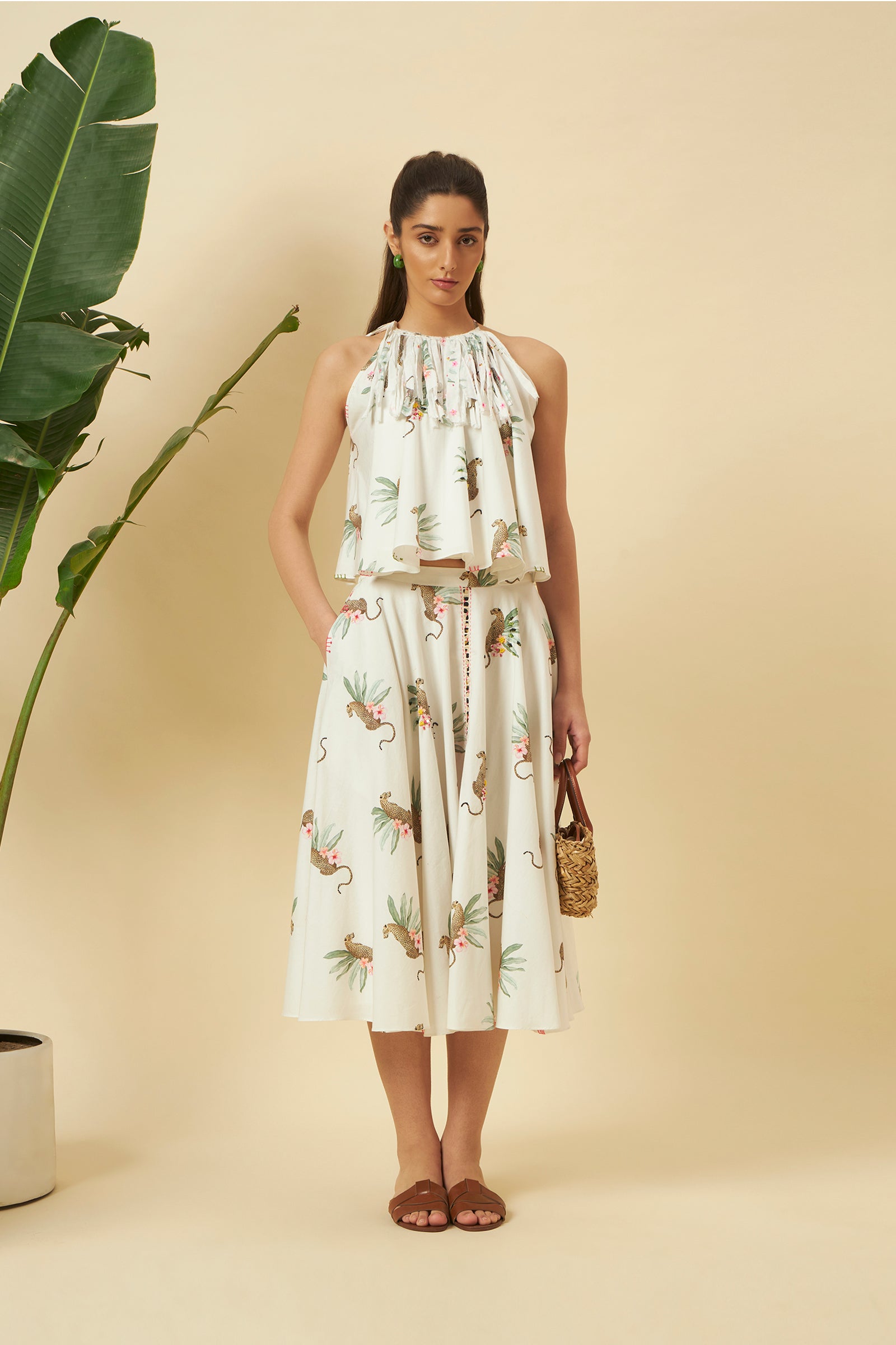 CHETAH PRINT FABRIC FRINGE TOP AND SKIRT SET