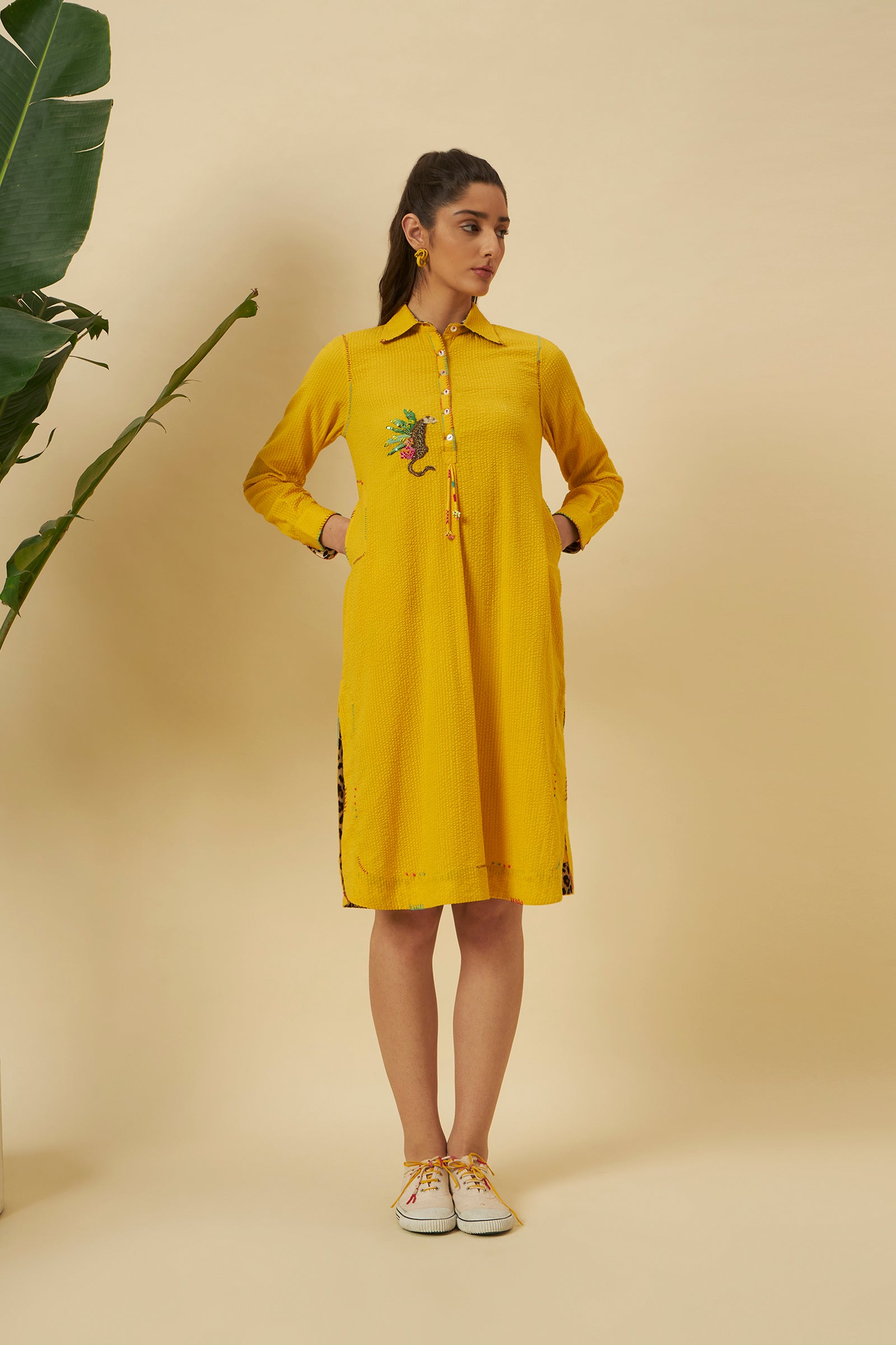 YELLOW STATEMENT CHETAH SHIRT DRESS
