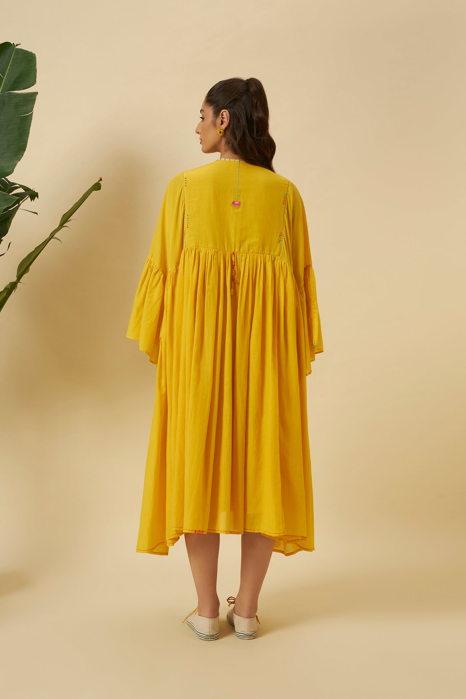 YELLOW GATHERED MIDI DRESS