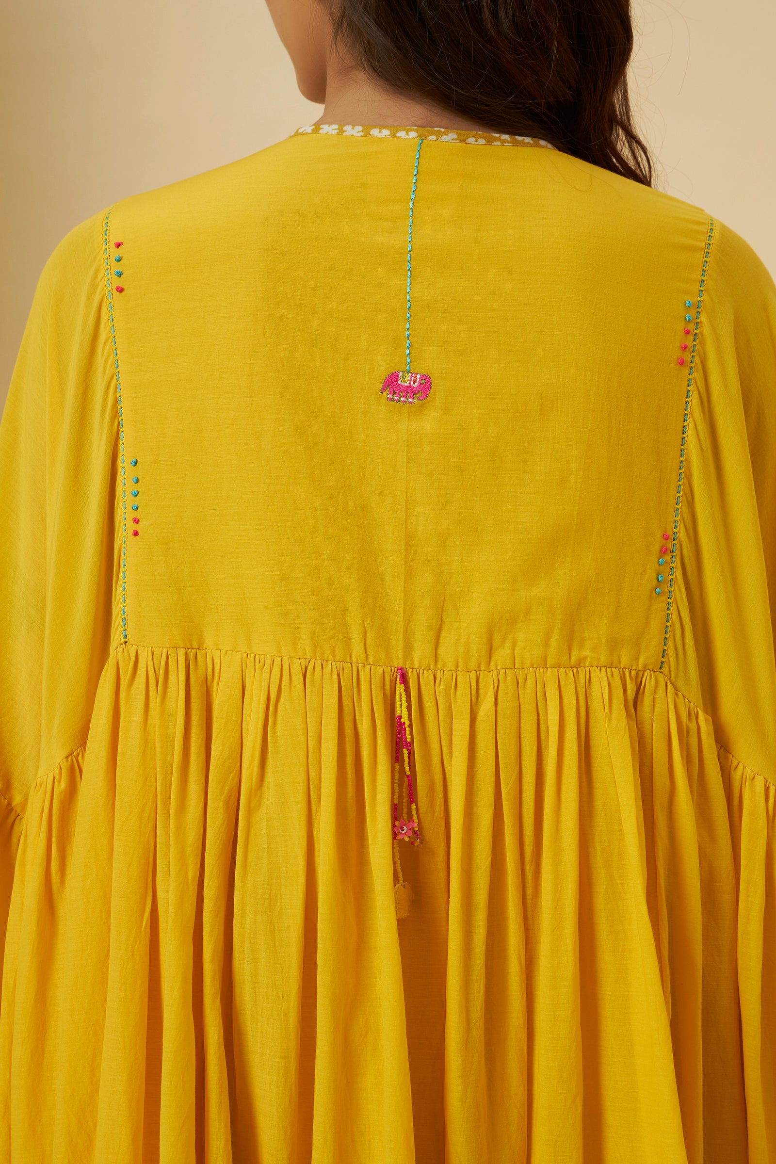 YELLOW GATHERED MIDI DRESS