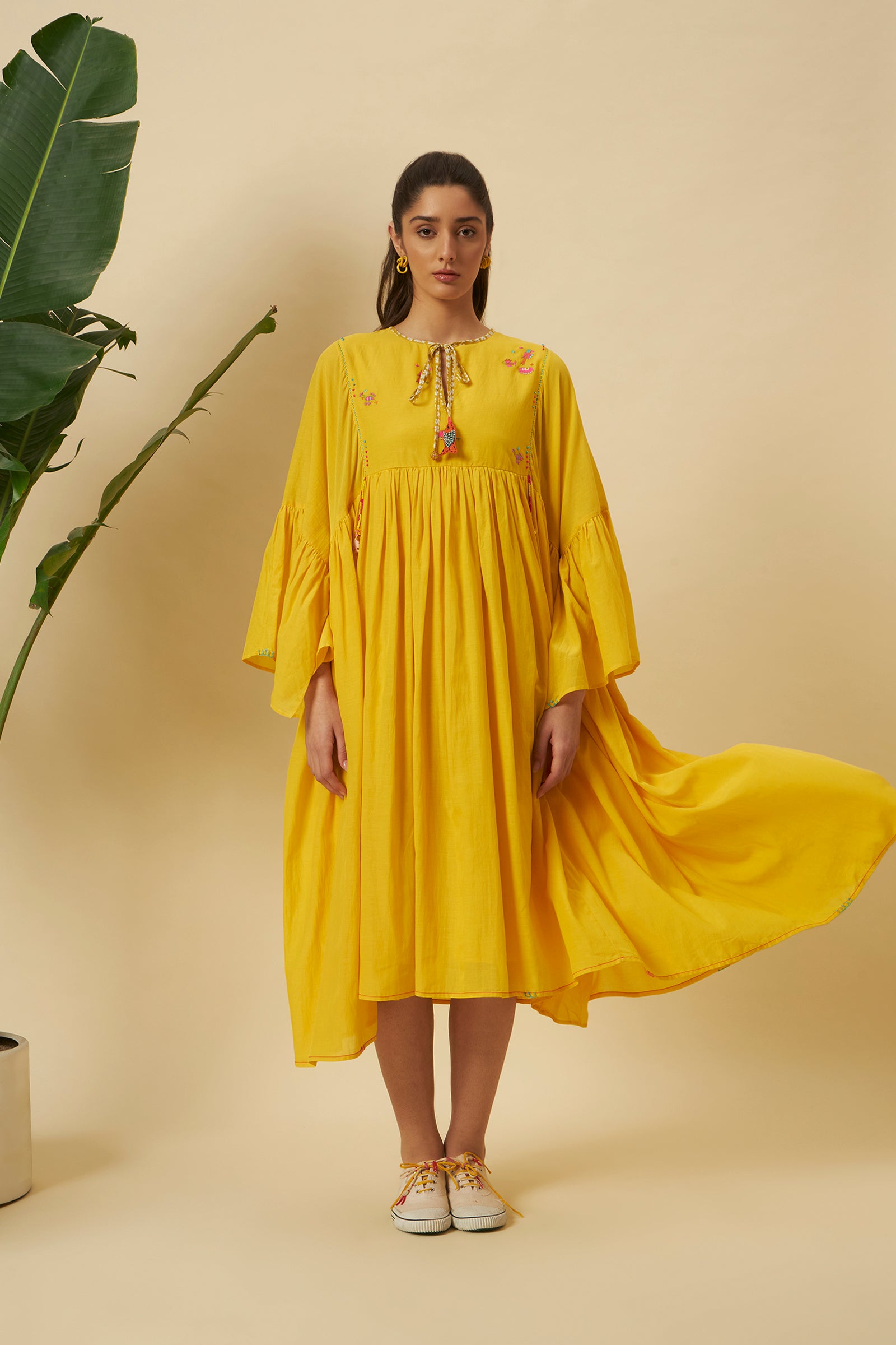 YELLOW GATHERED MIDI DRESS