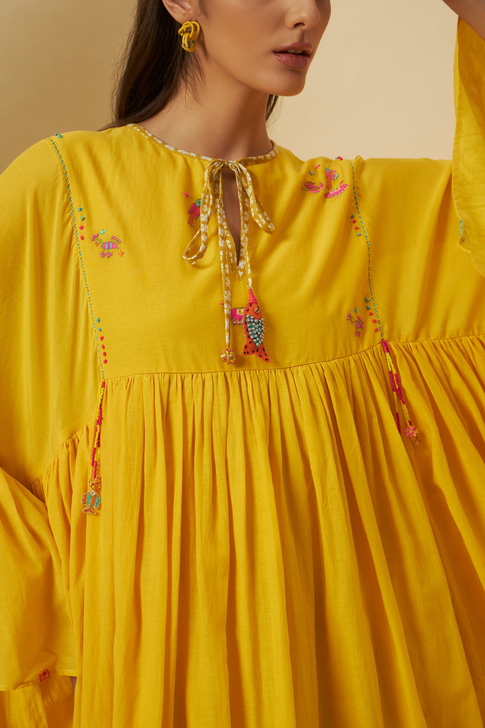 YELLOW GATHERED MIDI DRESS