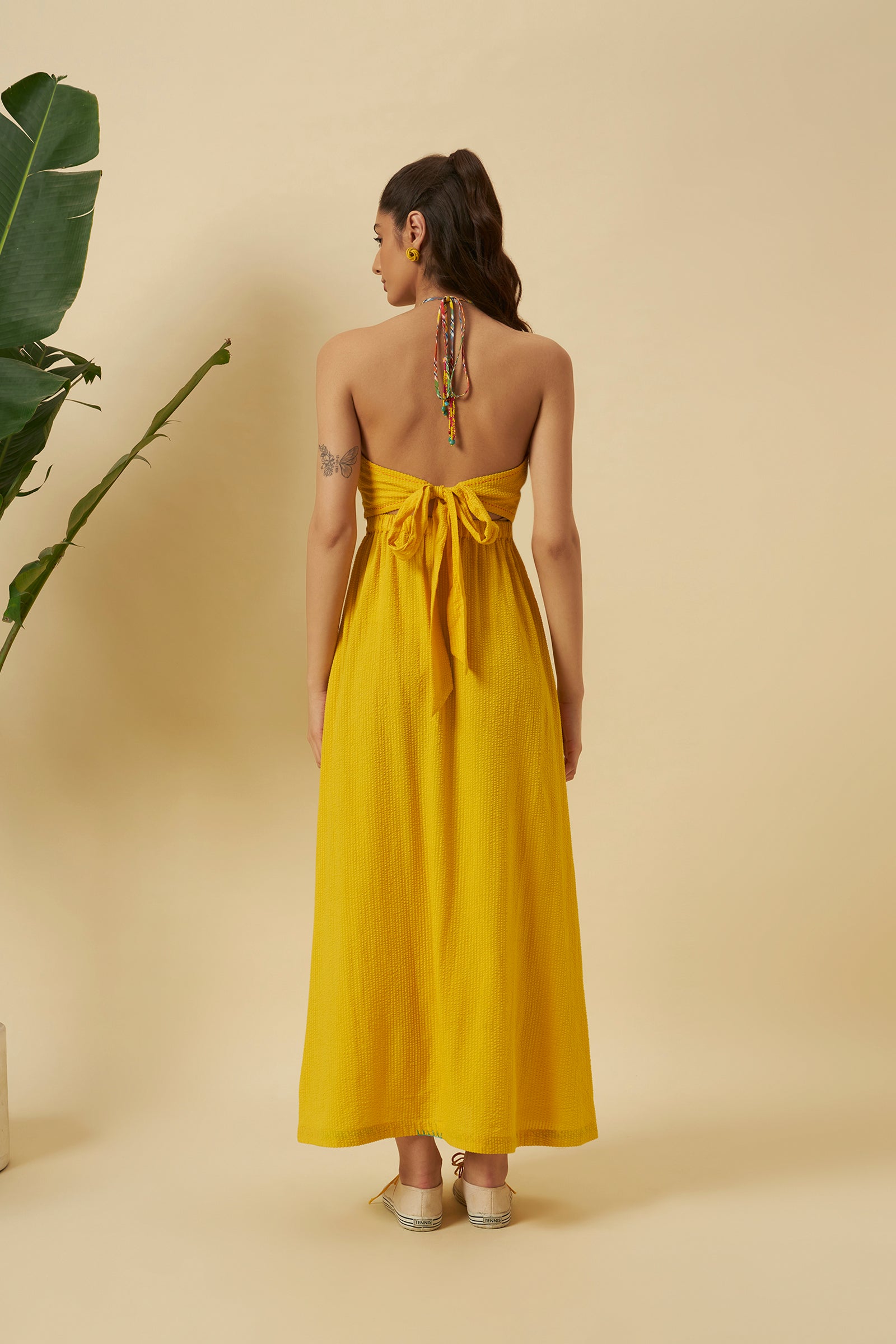 YELLOW SEERSUCKER HALTER TIE UP DRESS