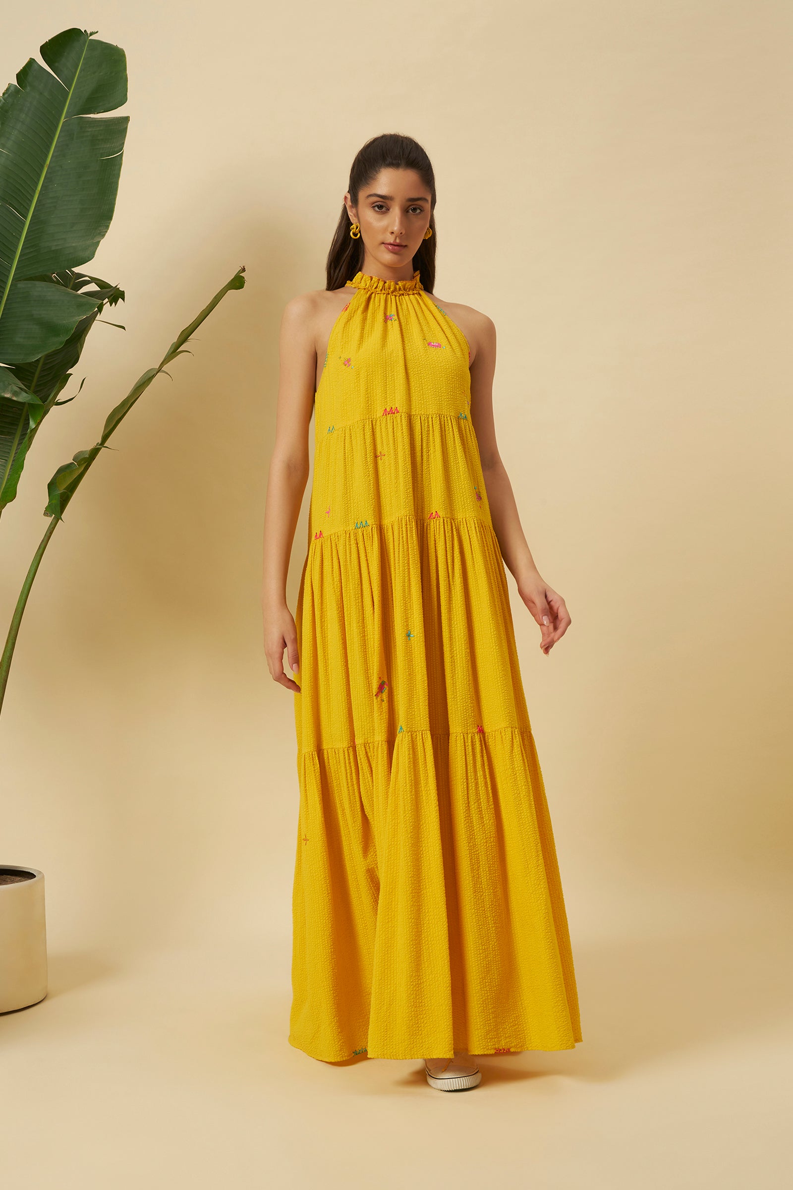 YELLOW SEERSUCKER HALTER TIE UP DRESS