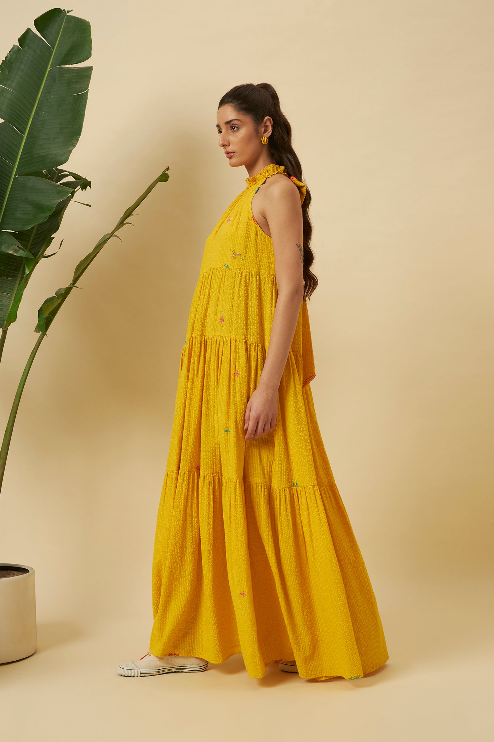 YELLOW SEERSUCKER HALTER TIE UP DRESS