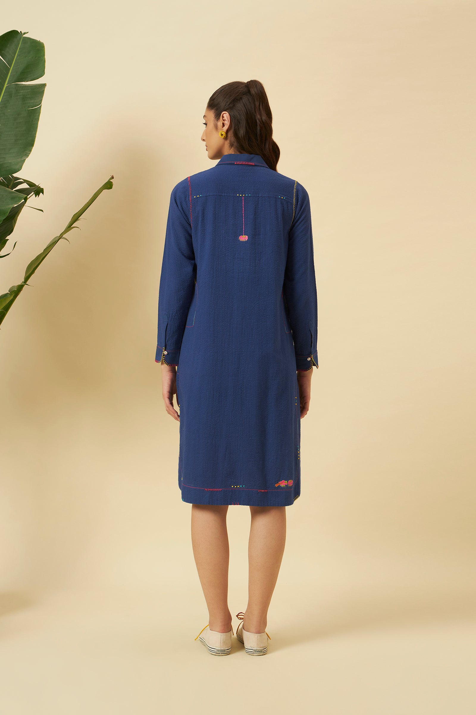 INDIGO SEERSUCKER APPLE CUT SHIRT DRESS