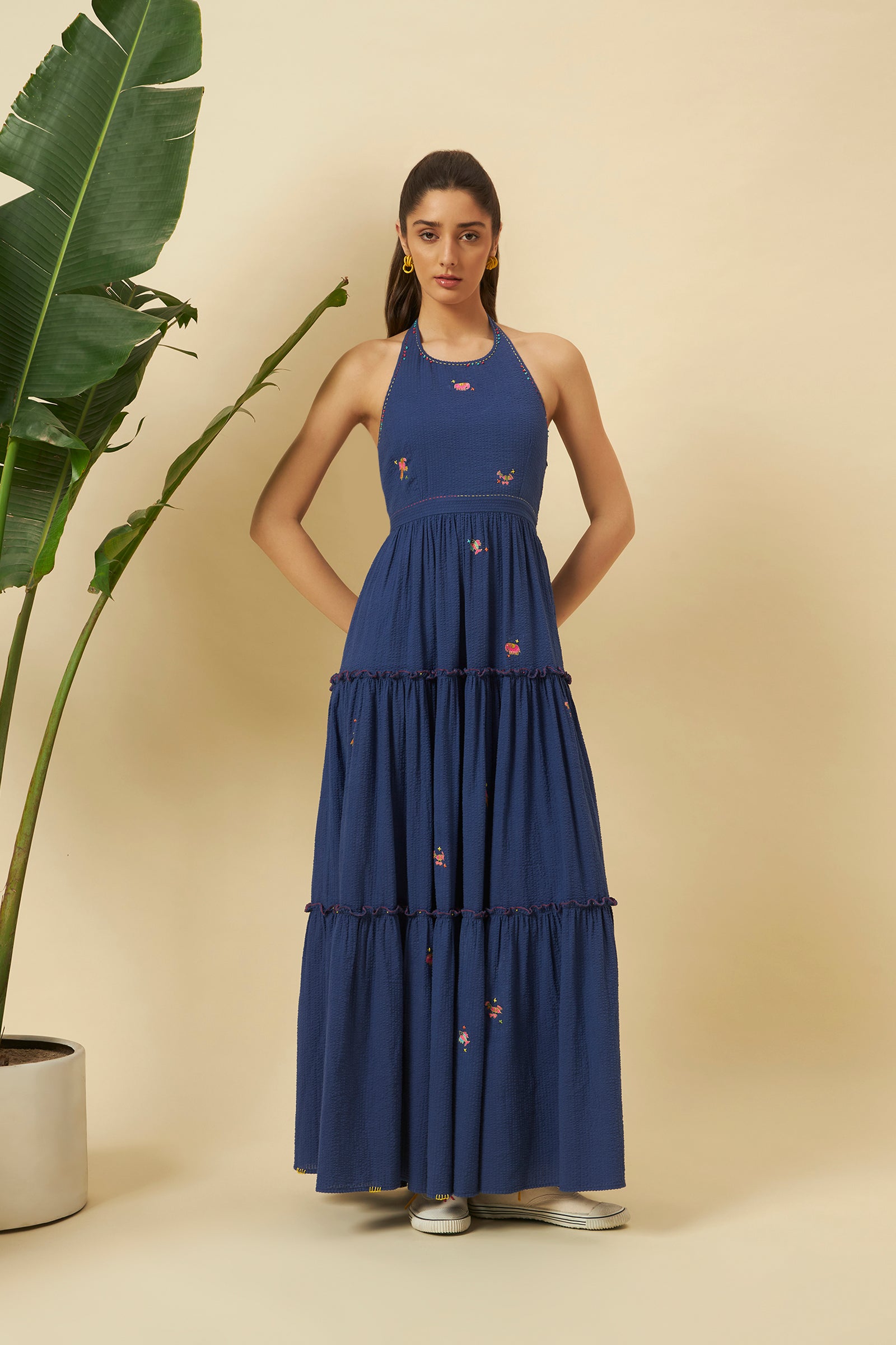 INDIGO SEERSUCKER HALTER TIERED DRESS