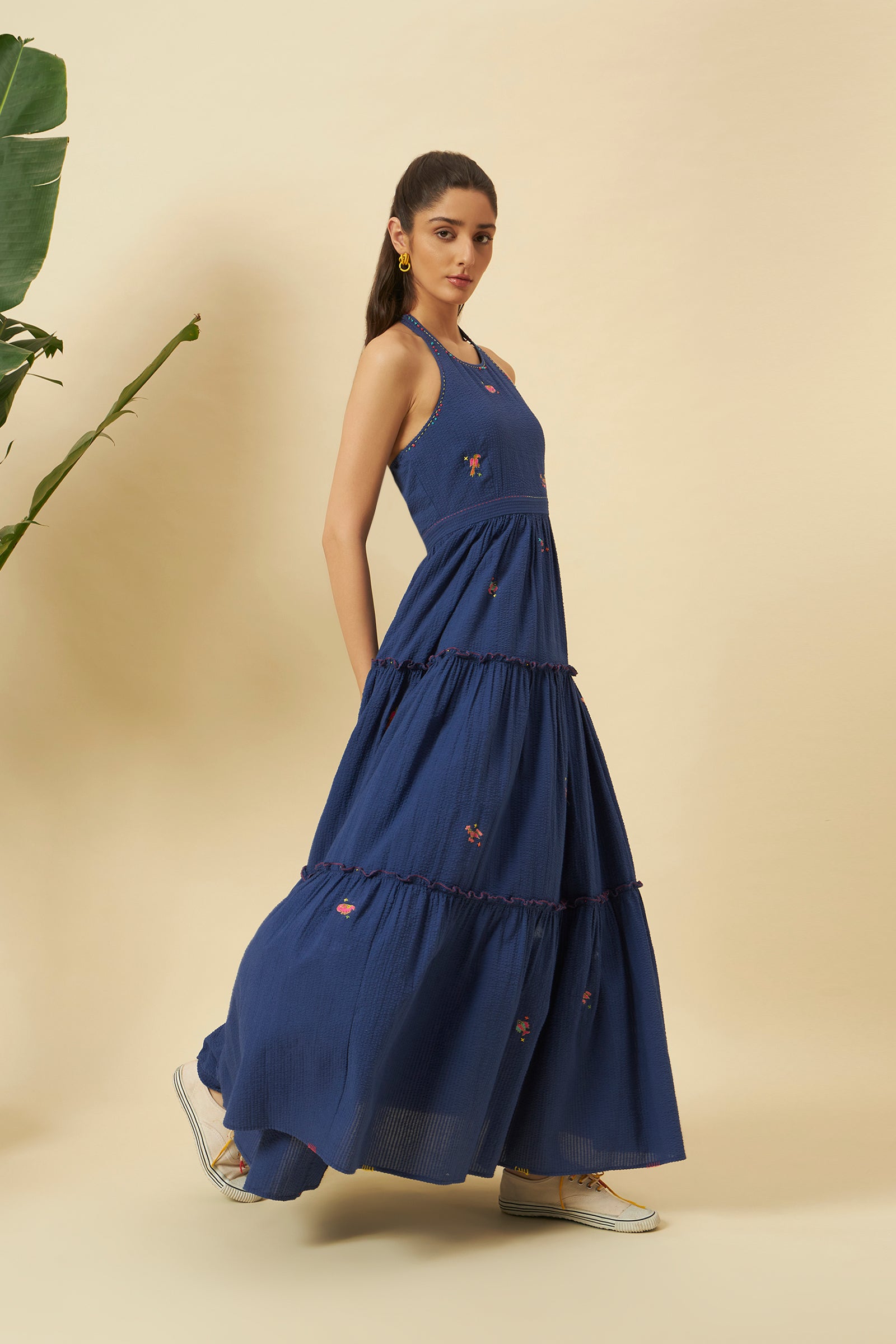 INDIGO SEERSUCKER HALTER TIERED DRESS