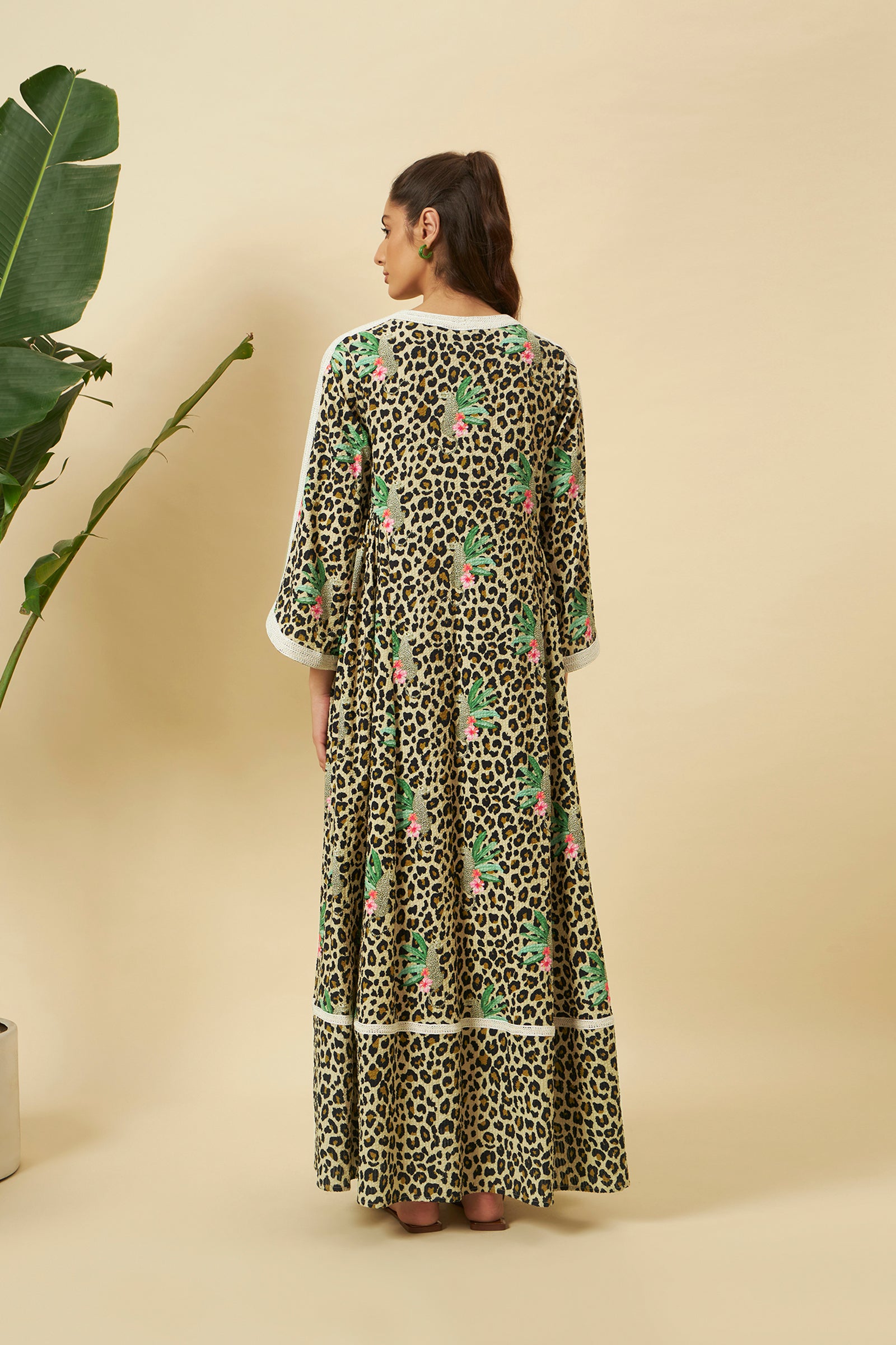 LEOPARD PRINT LACED KAFTAN MAXI DRESS
