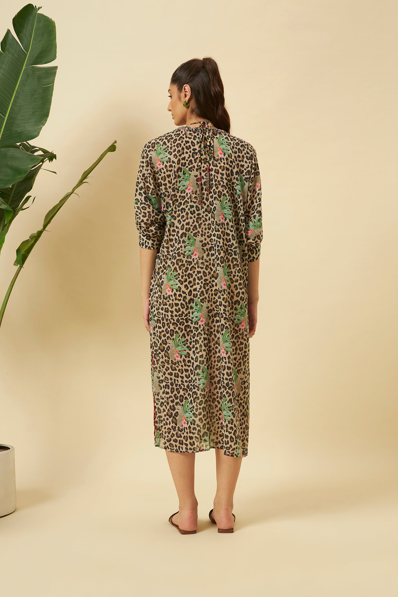LEOPARD PRINT GAUZE BRAIDED KAFTAN