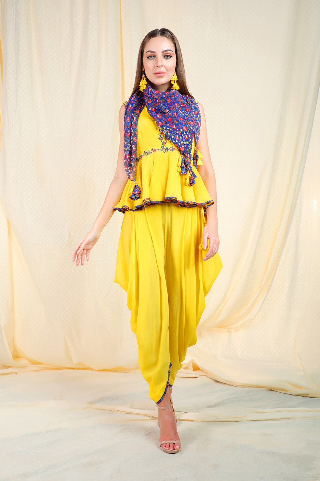 yellow crepe peplum top with dhoti