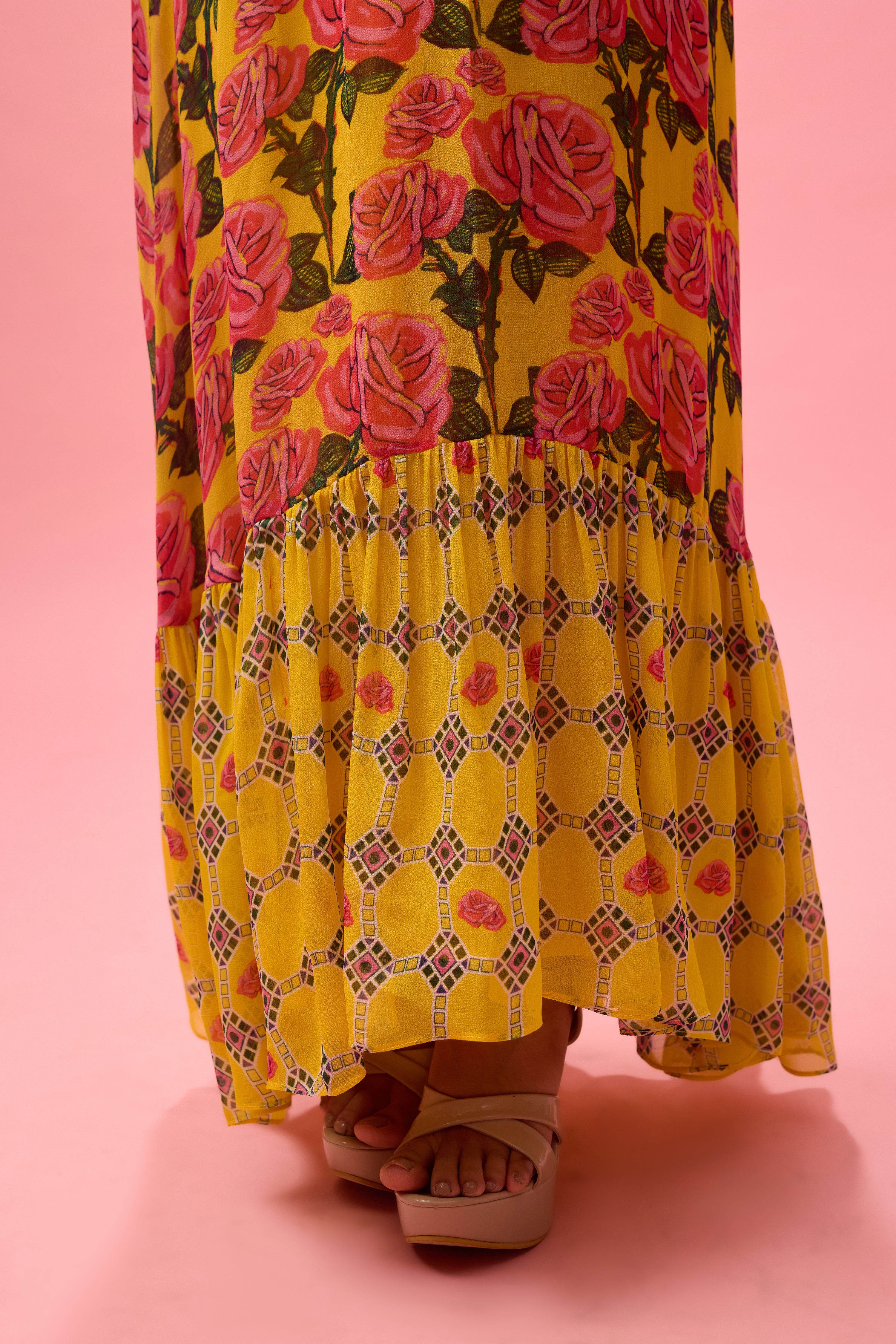 ROSE PRINTED WITH HANDWORK FINISHING ON YOKE DRESS