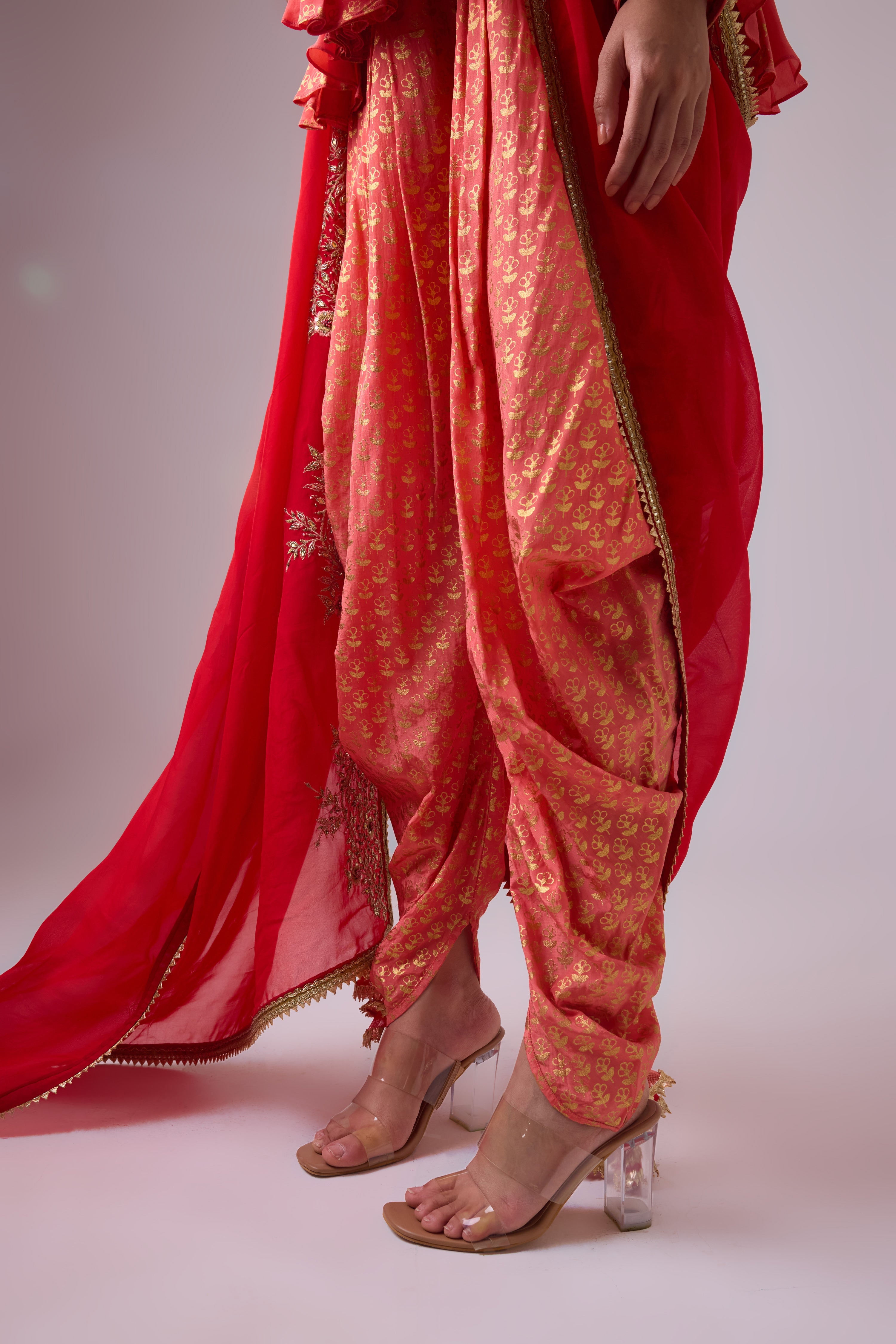 Crepe godet top with   pleated dhoti salwar pant and scarf