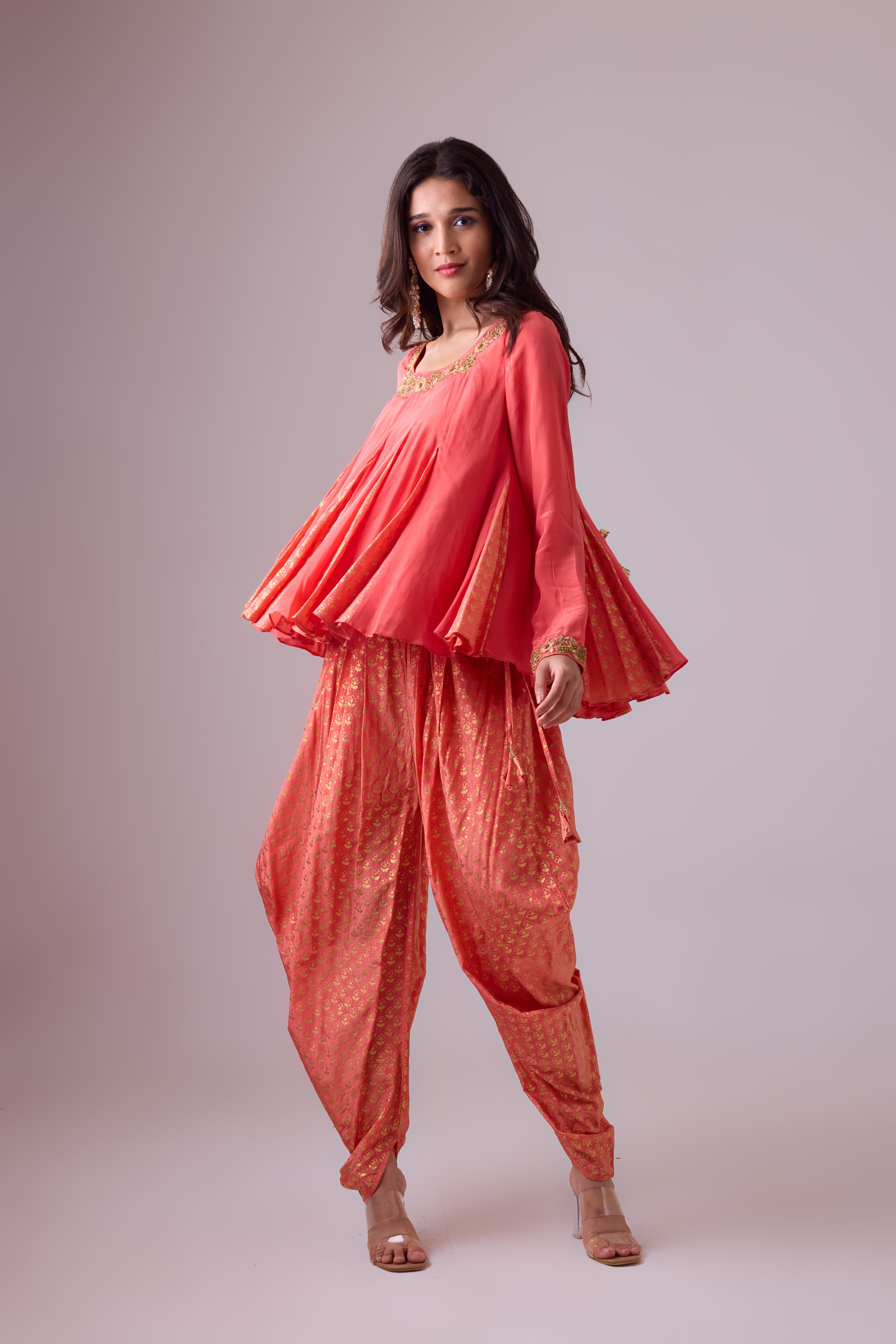 Crepe godet top with   pleated dhoti salwar pant and scarf