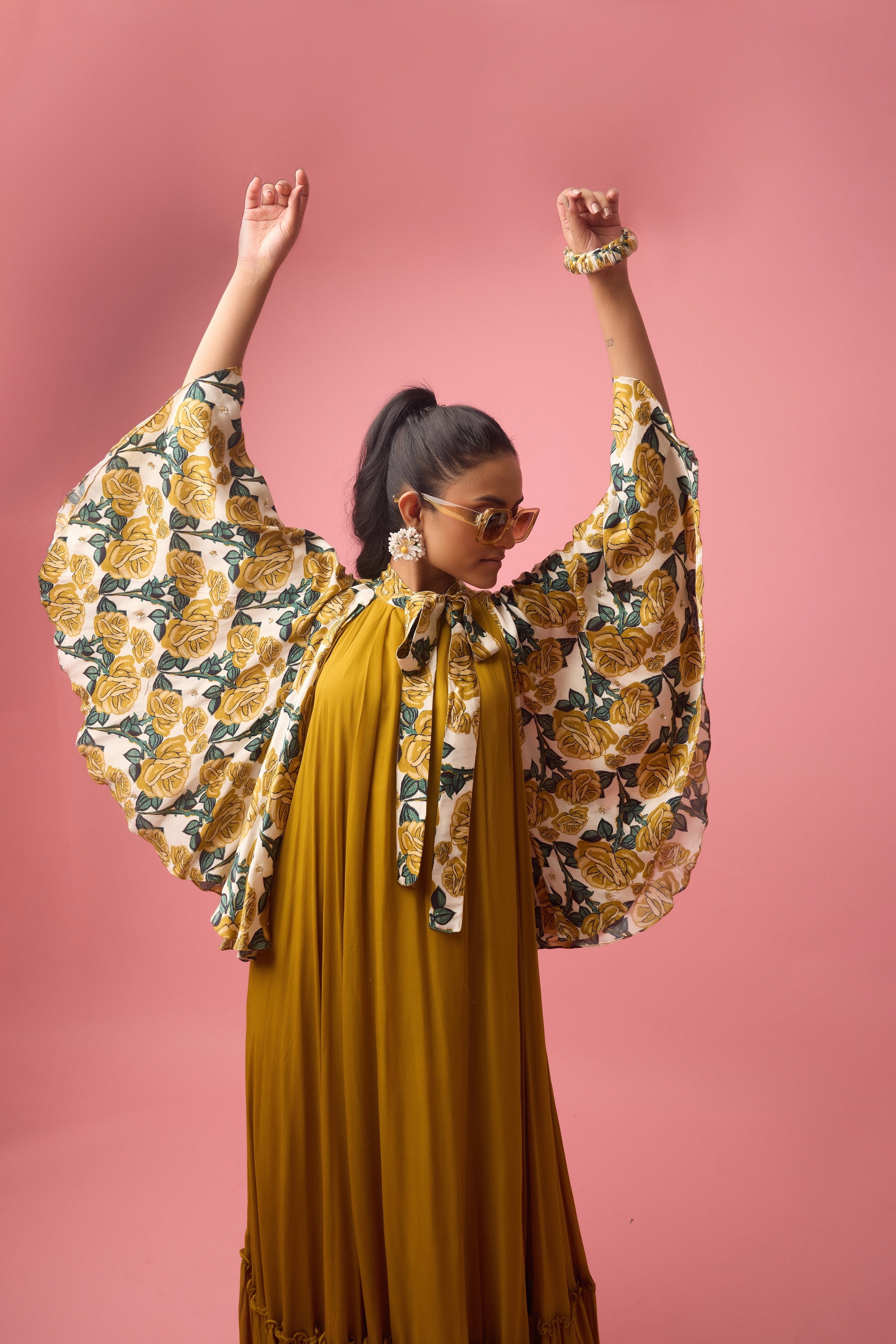 OCHRE MODAL SATIN  PRINTED CAPE DRESS