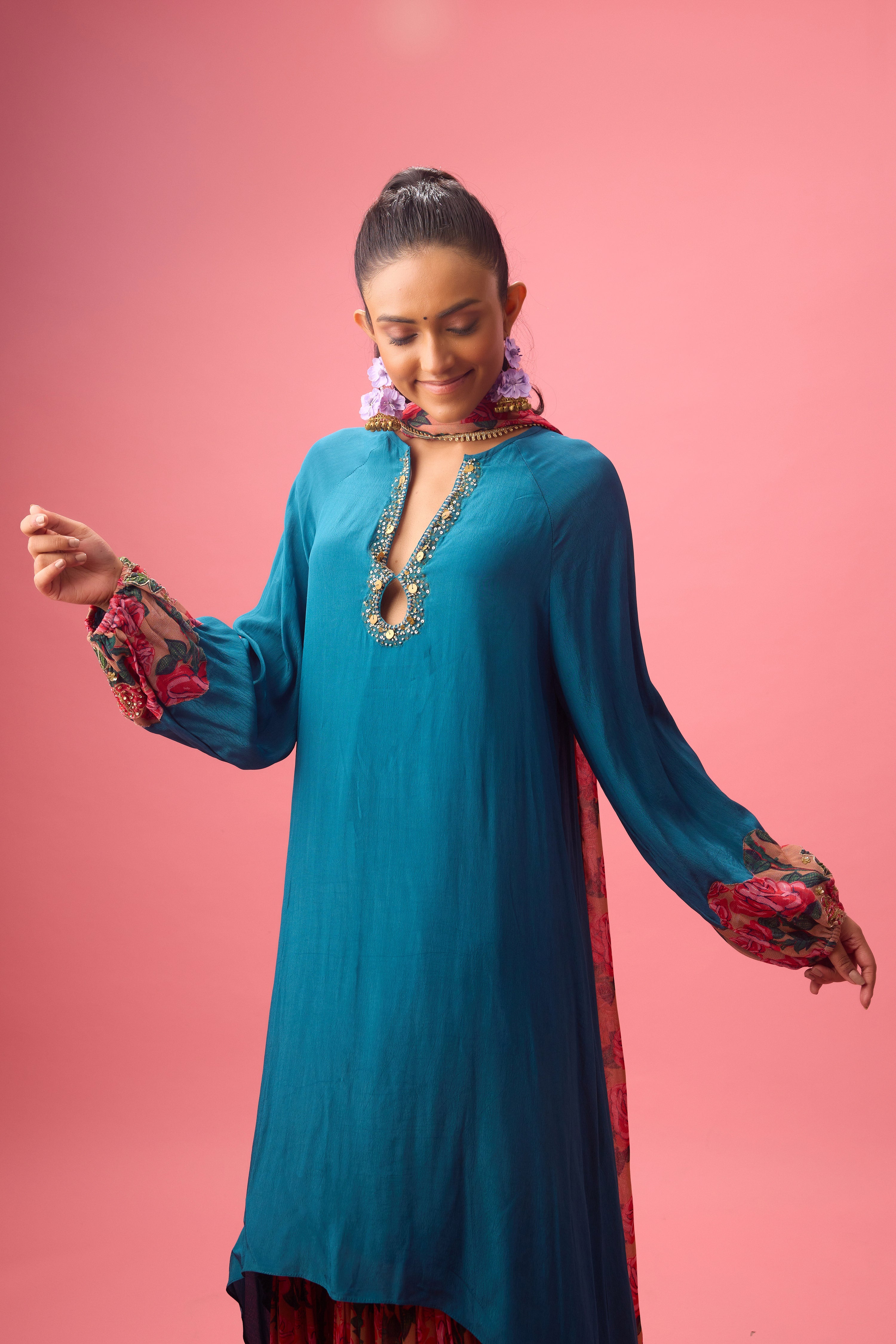 BLUE SOLID CREPE ASYMMETRICAL HANDWORK KURTA  PAIRED WITH PRINTED SHARARA AND DUPATTA