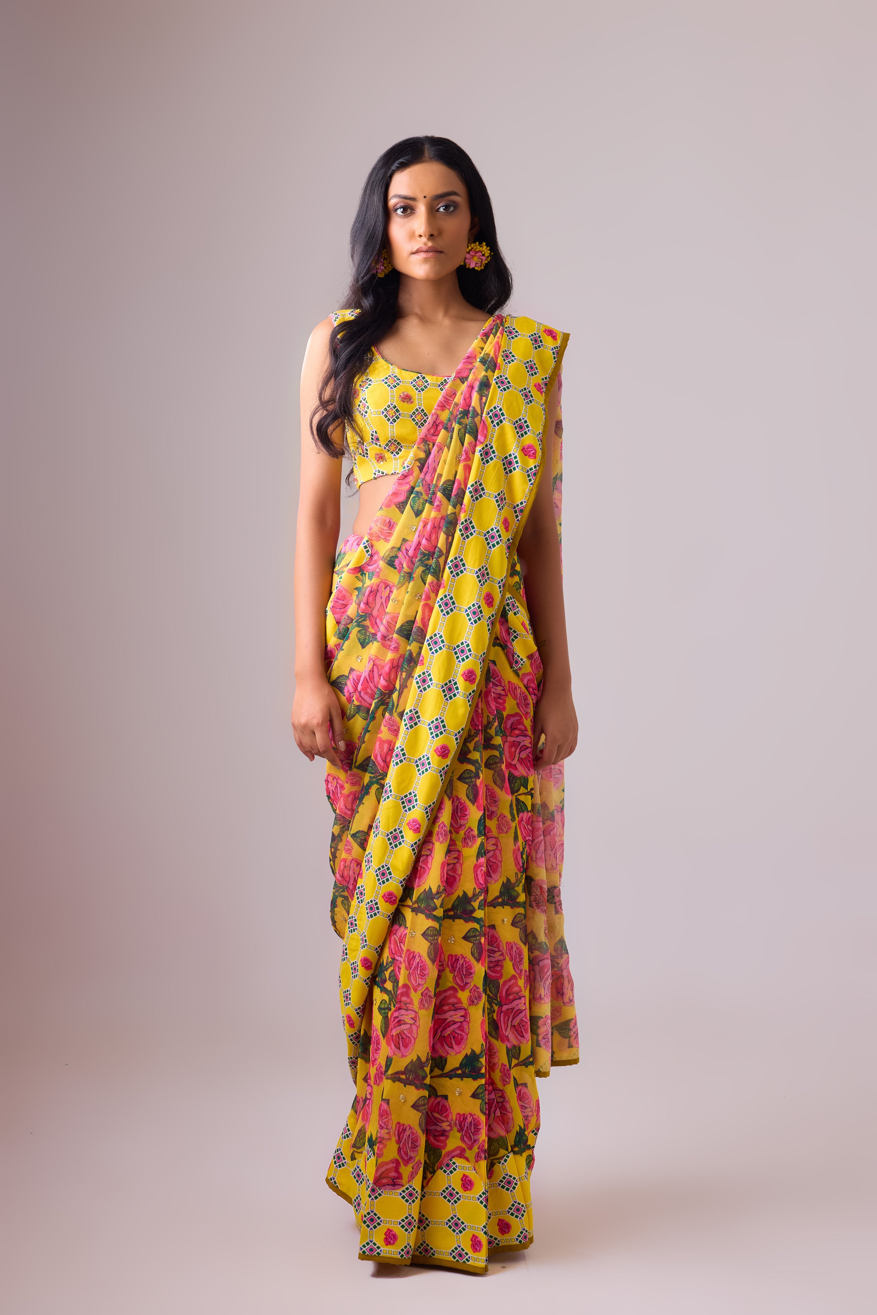 FLORAL PRINTED GEORGETTE SAREE WITH BACK KNOTTING  PRINTED  BLOUSE