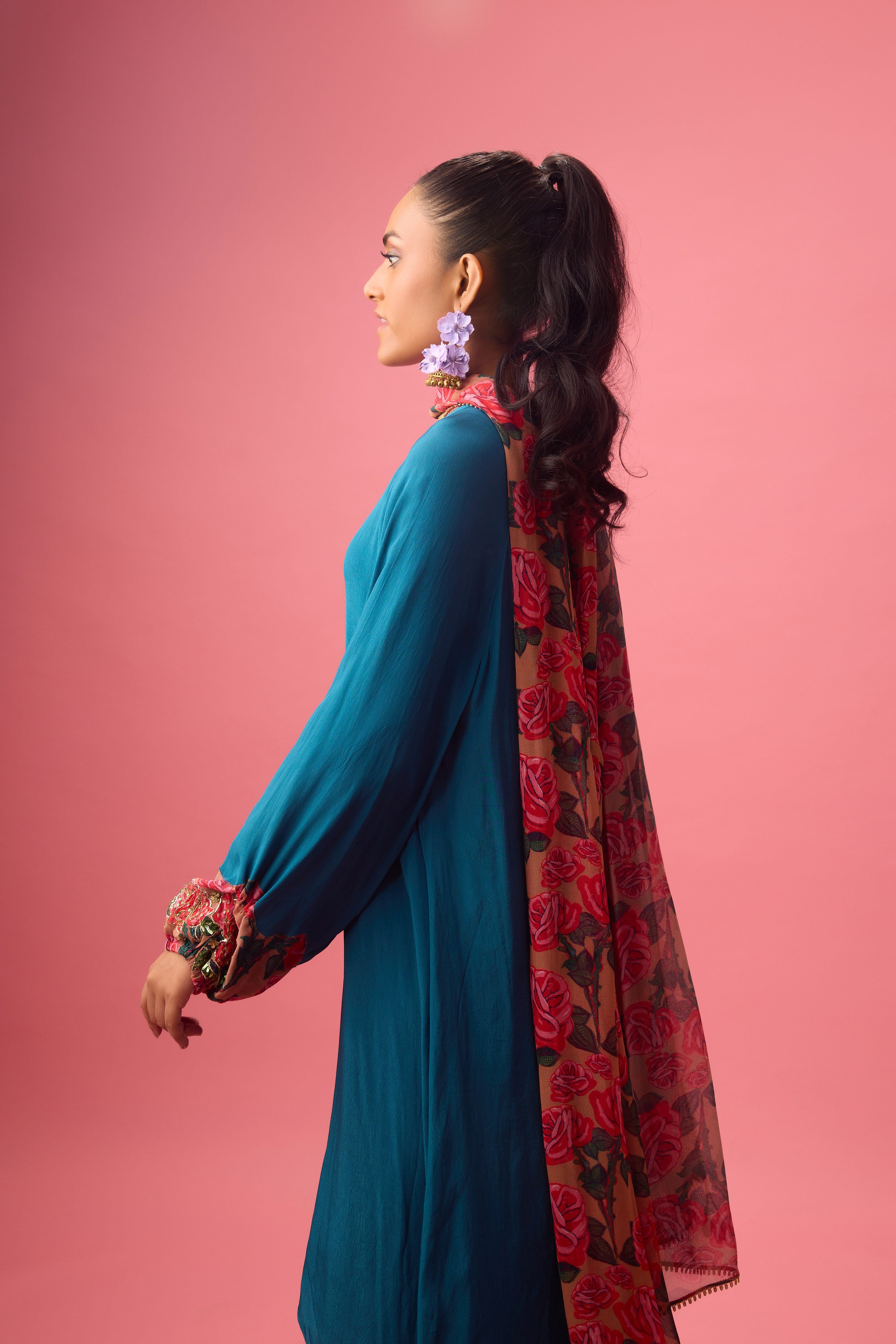 BLUE SOLID CREPE ASYMMETRICAL HANDWORK KURTA  PAIRED WITH PRINTED SHARARA AND DUPATTA