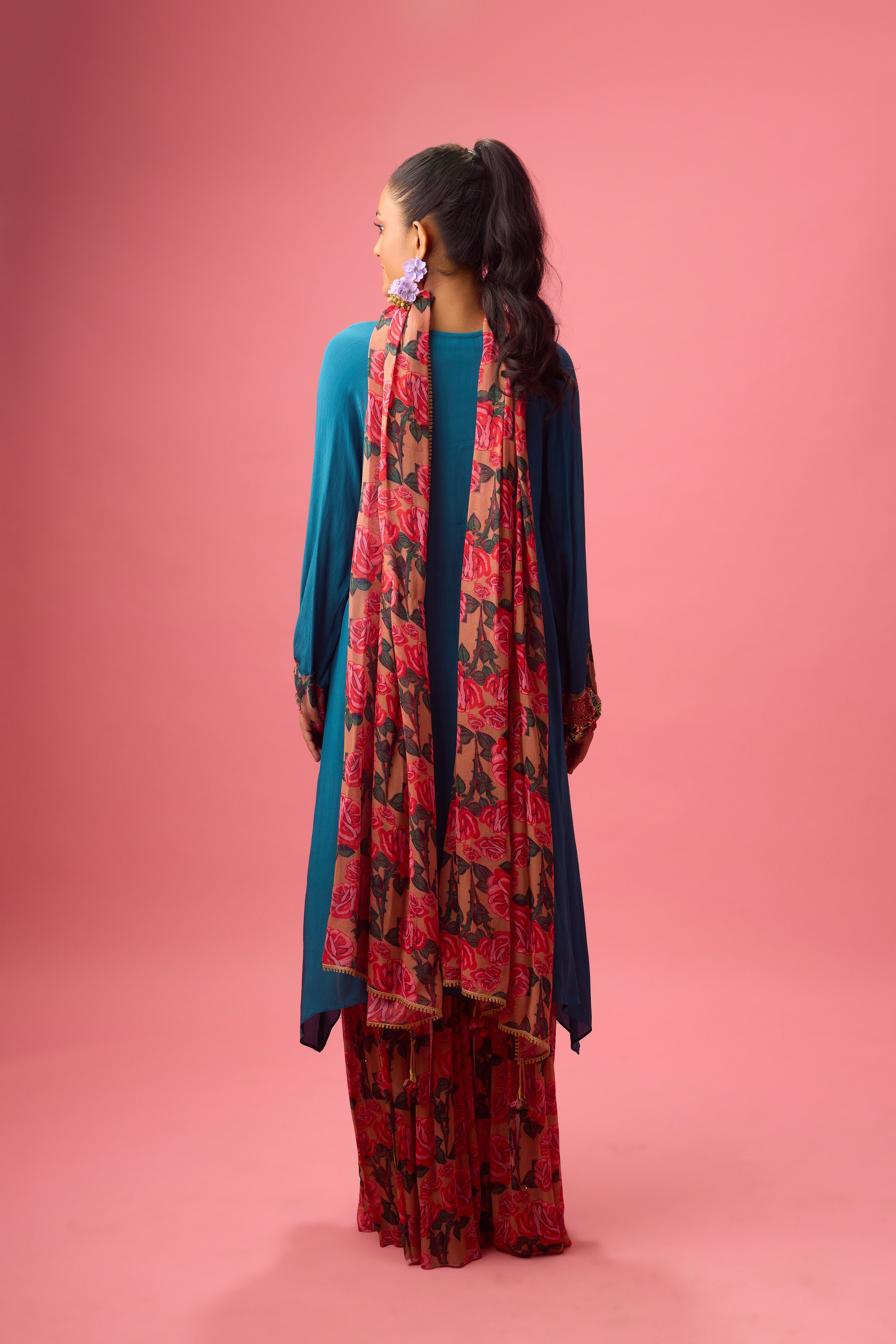 BLUE SOLID CREPE ASYMMETRICAL HANDWORK KURTA  PAIRED WITH PRINTED SHARARA AND DUPATTA