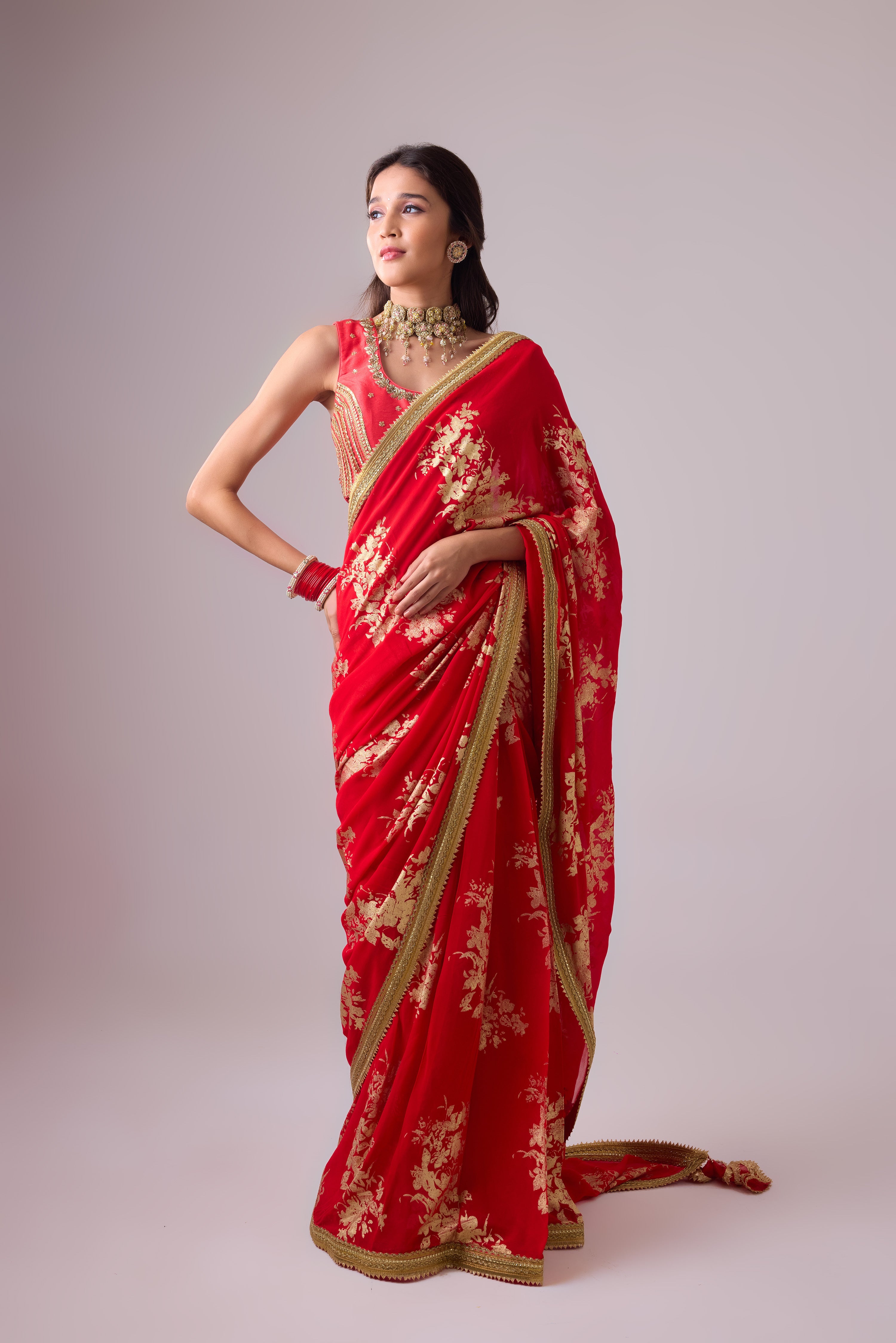 Georgette Badal sitara gold foil printed saree with gota blouse