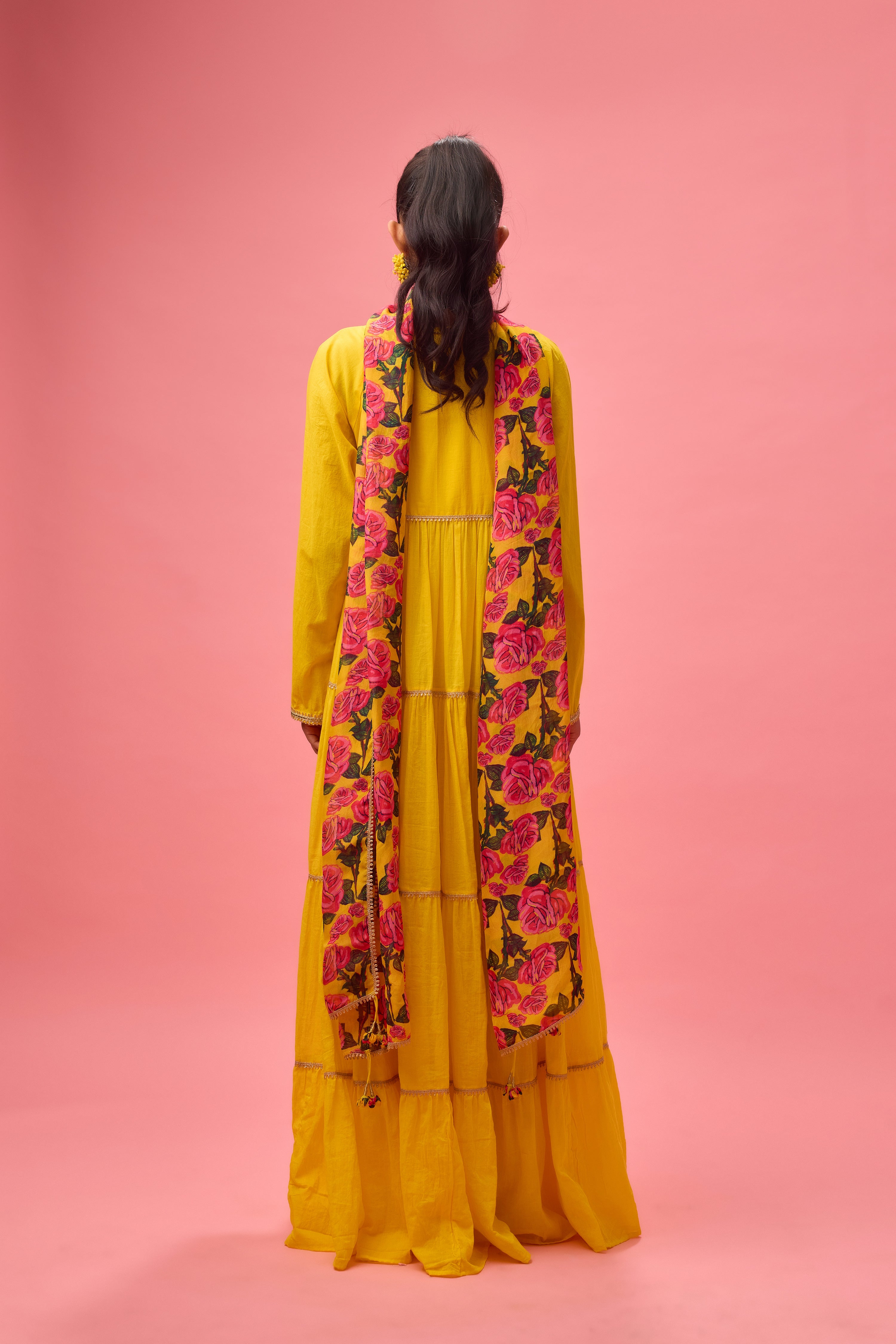 COTTON SOLID  YELLOW  ROSE APPLIQUE KALIDAR PAIRED WITH PRINTED DUPATTA AND CHURIDAR