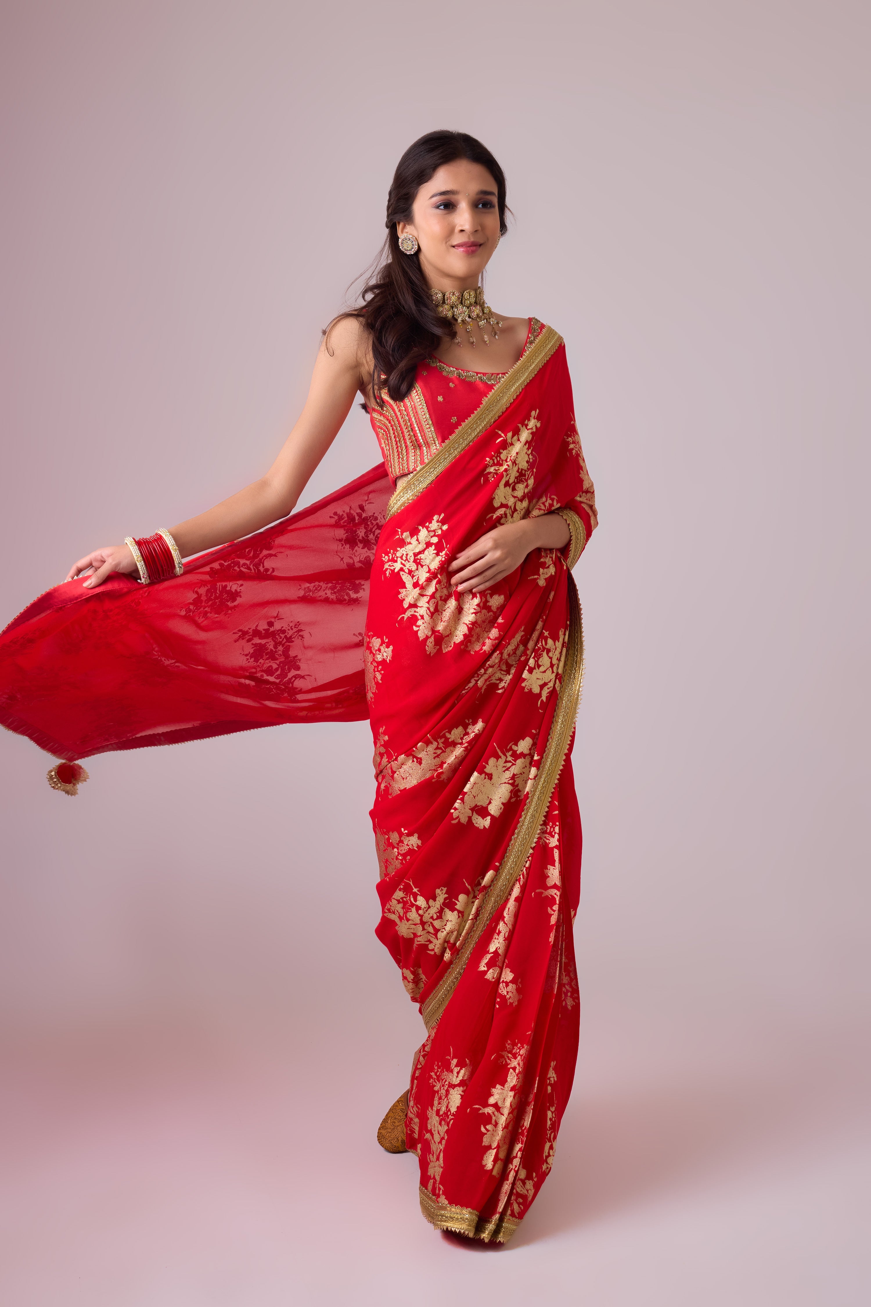 Georgette Badal sitara gold foil printed saree with gota blouse