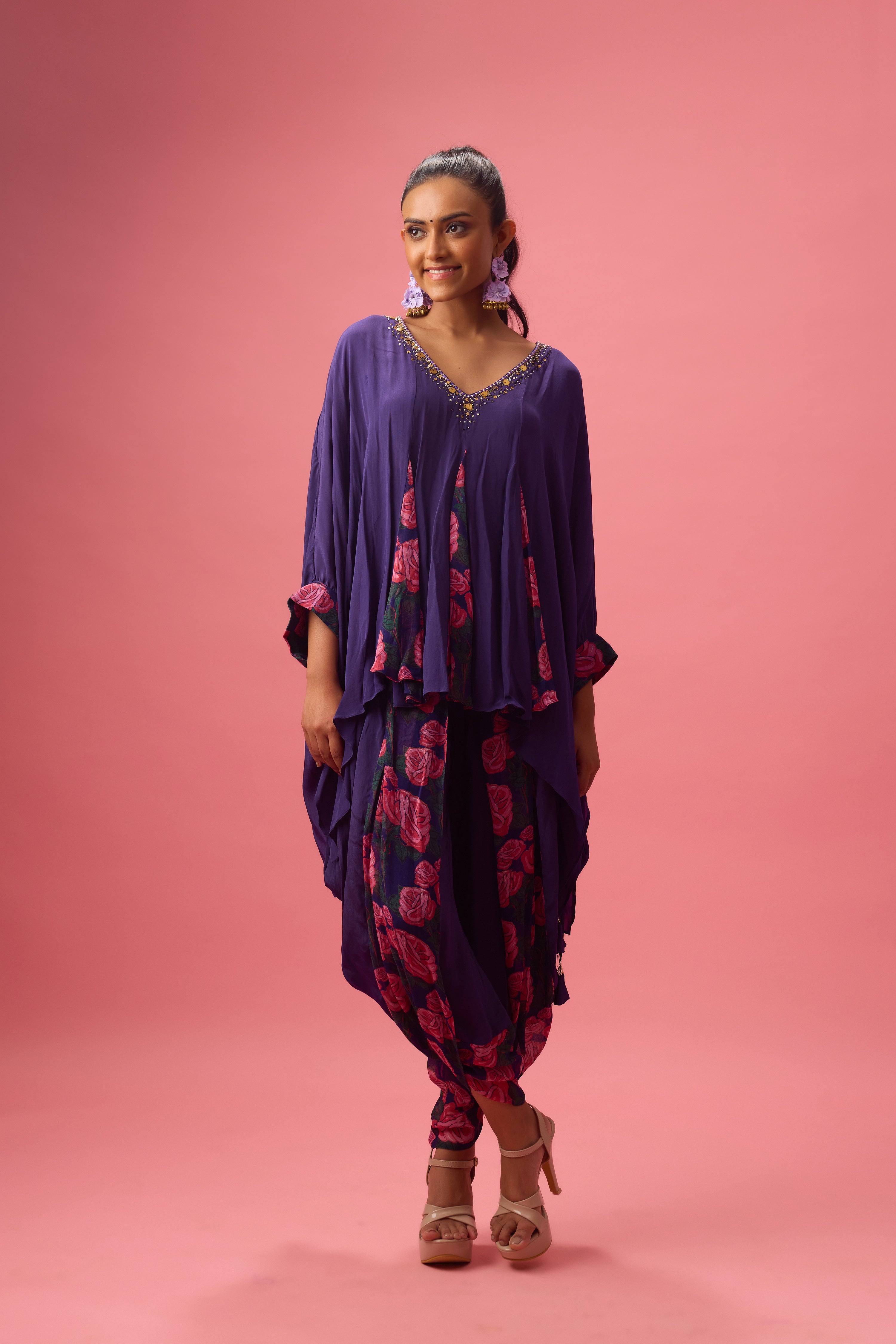 ROSE PRINTED WITH GODET KAFTAN TOP AND DHOTI PAIRED WITH PRINTED DUPATTA