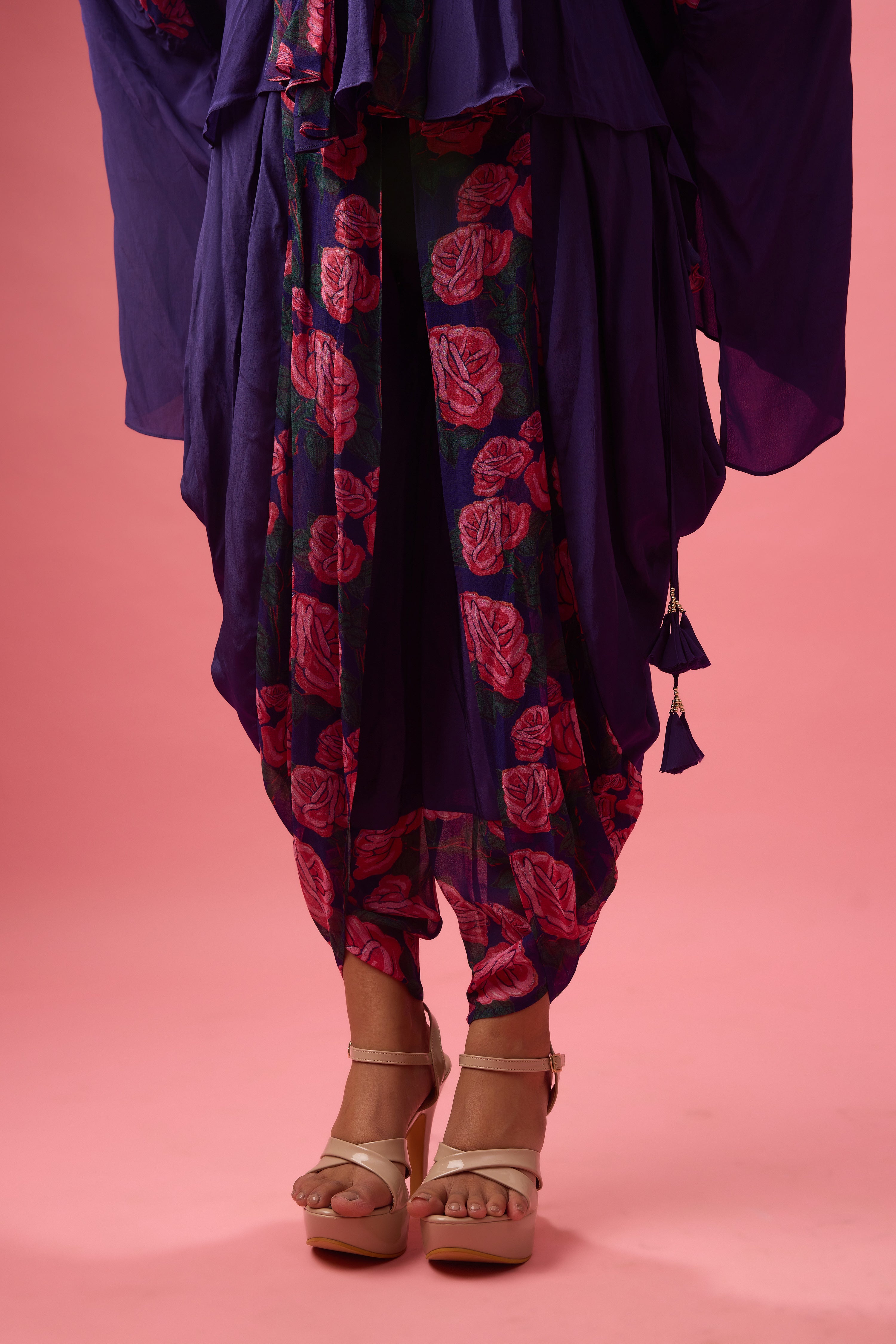 ROSE PRINTED WITH GODET KAFTAN TOP AND DHOTI PAIRED WITH PRINTED DUPATTA