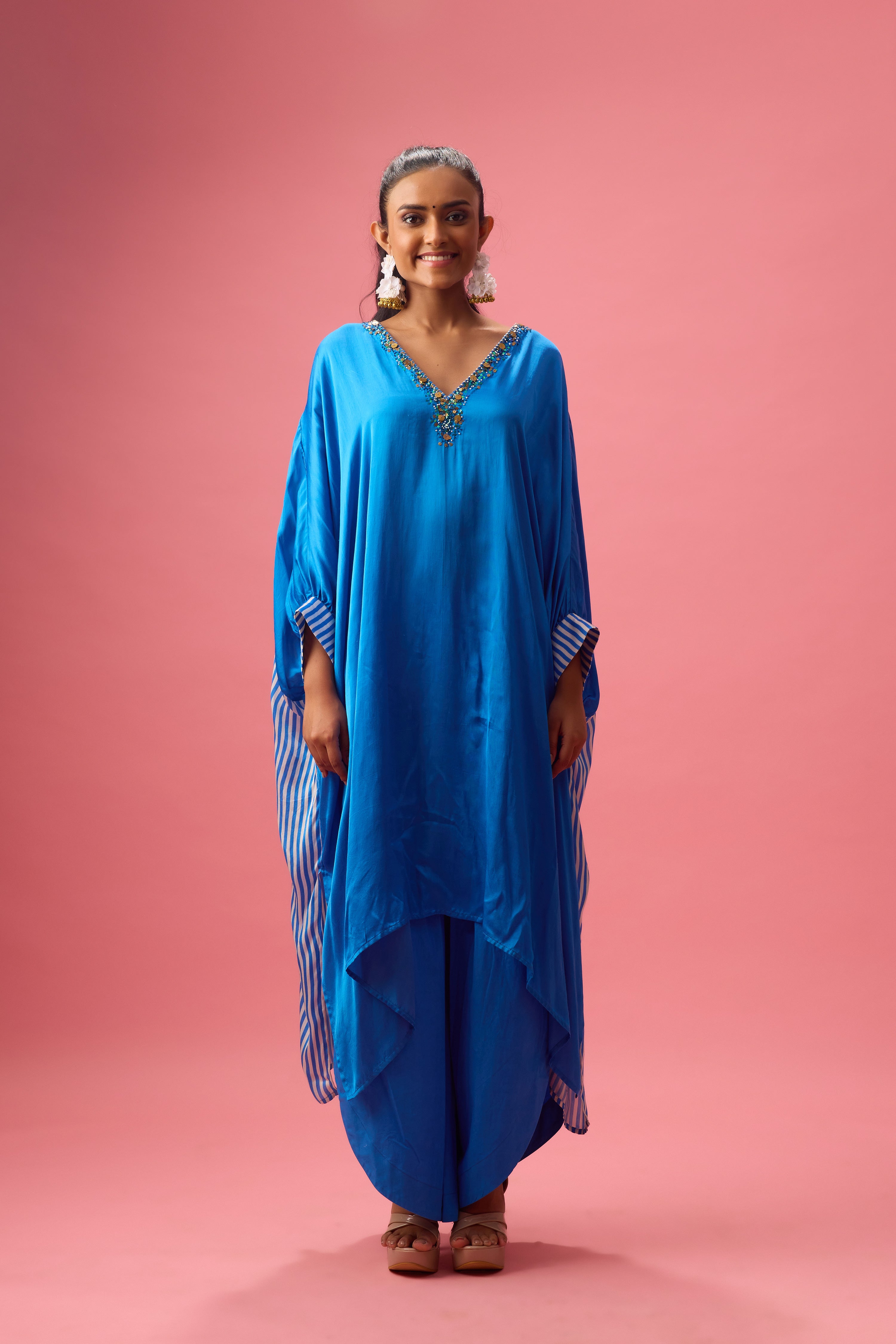 SOLID KAFTAN WITH STRIPE PLEATED DETAILING PAIRED WITH PANTS