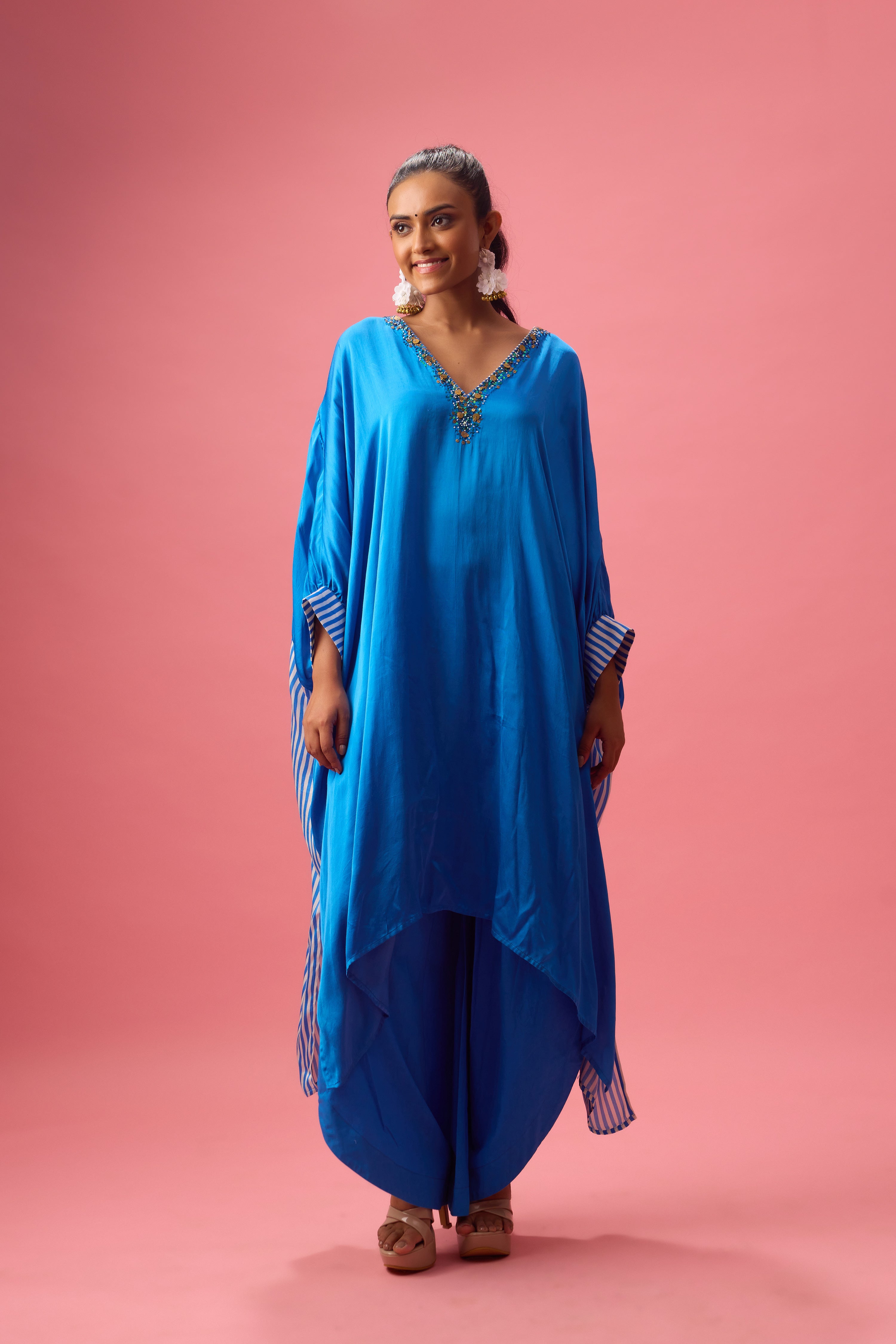 SOLID KAFTAN WITH STRIPE PLEATED DETAILING PAIRED WITH PANTS