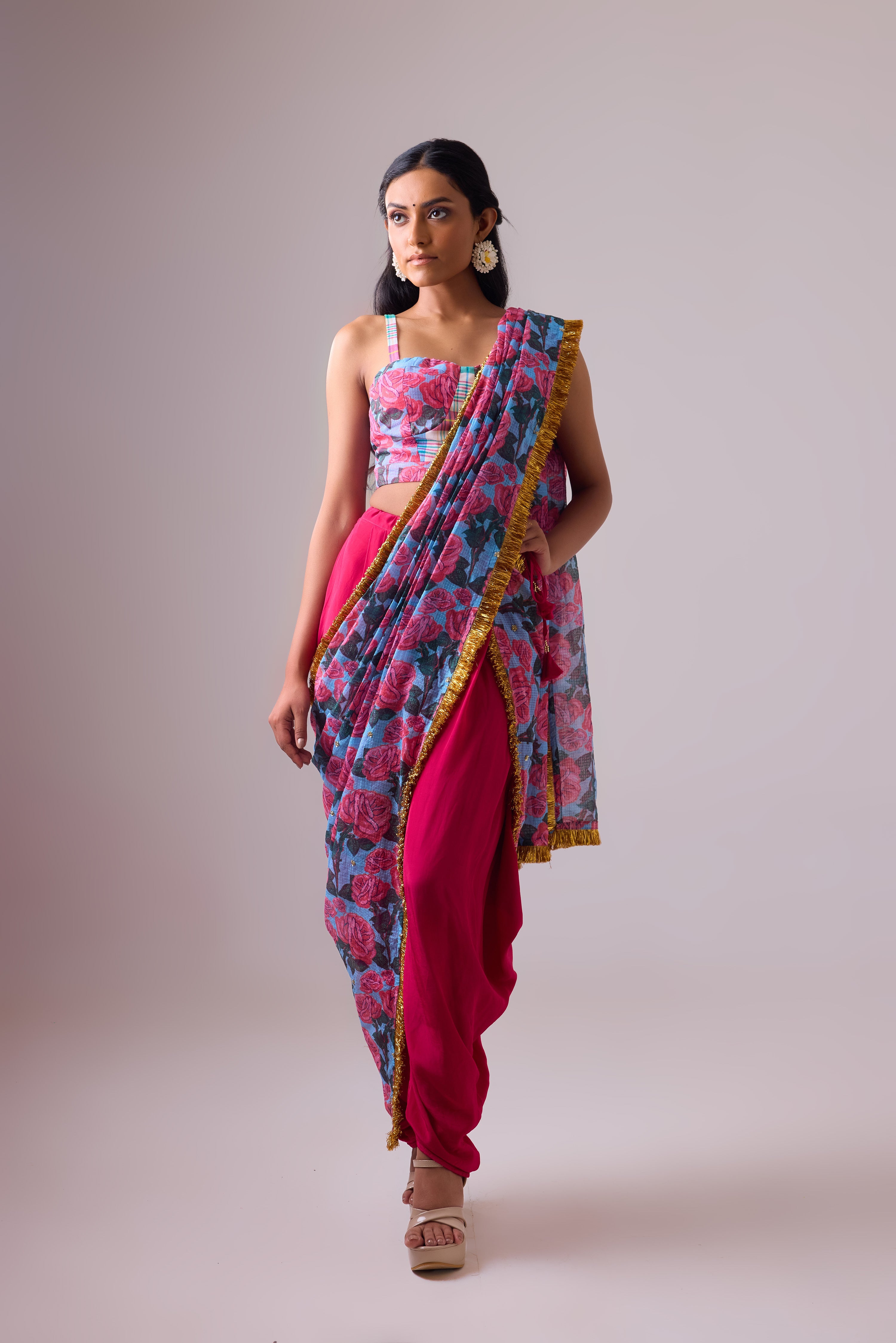 KOTA SAREE WITH DHOTI PANT PAIRED WITH  MADRAS CHECK BRALETTE