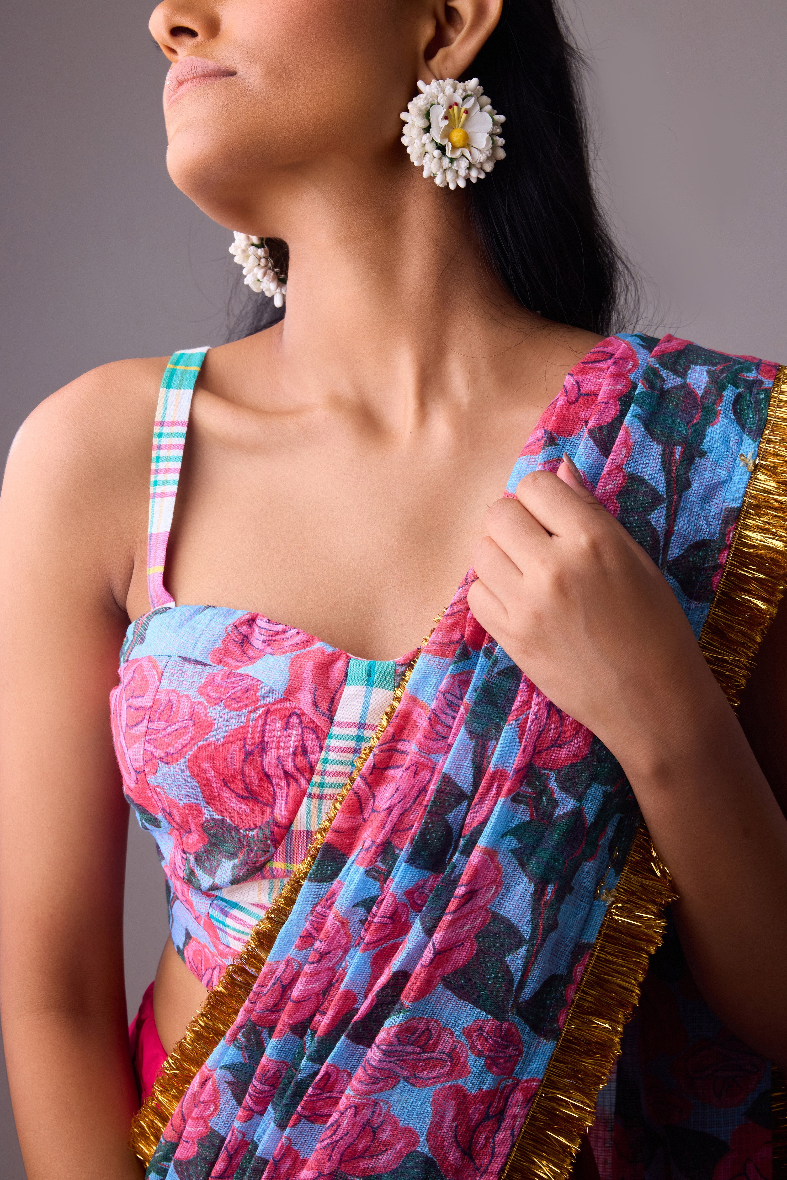 KOTA SAREE WITH DHOTI PANT PAIRED WITH  MADRAS CHECK BRALETTE