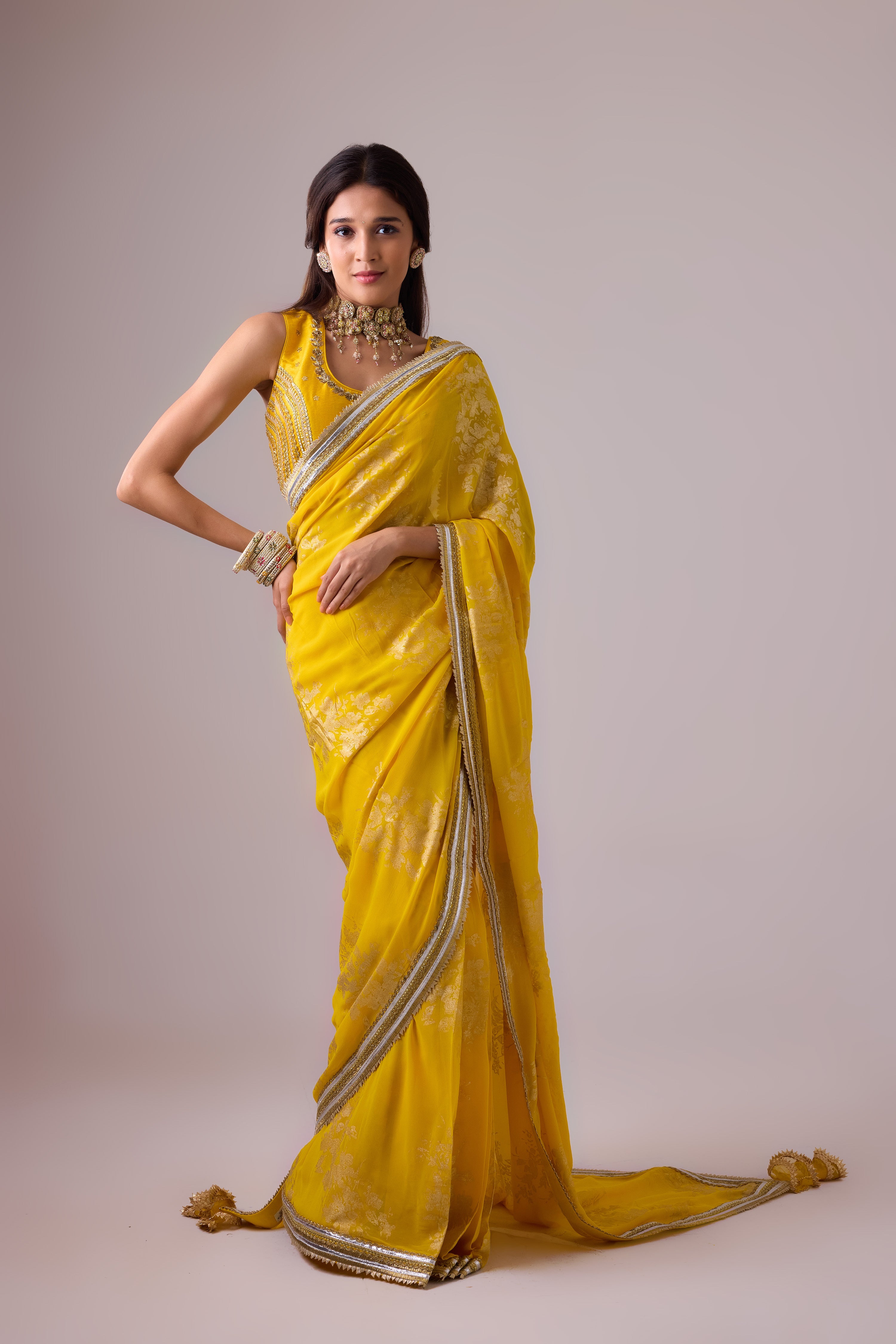 Georgette Badal sitara gold foil printed saree with gota blouse