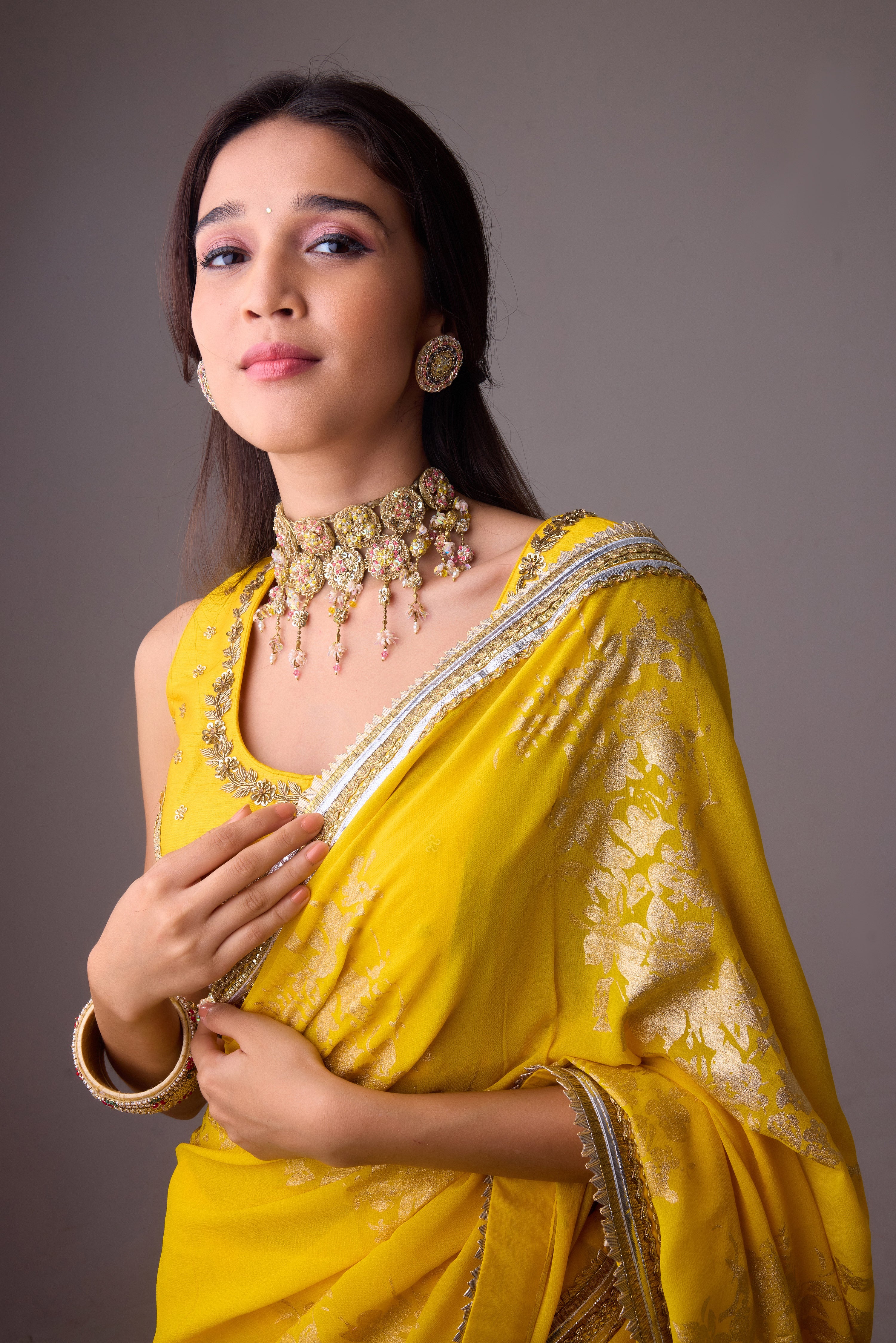 Georgette Badal sitara gold foil printed saree with gota blouse