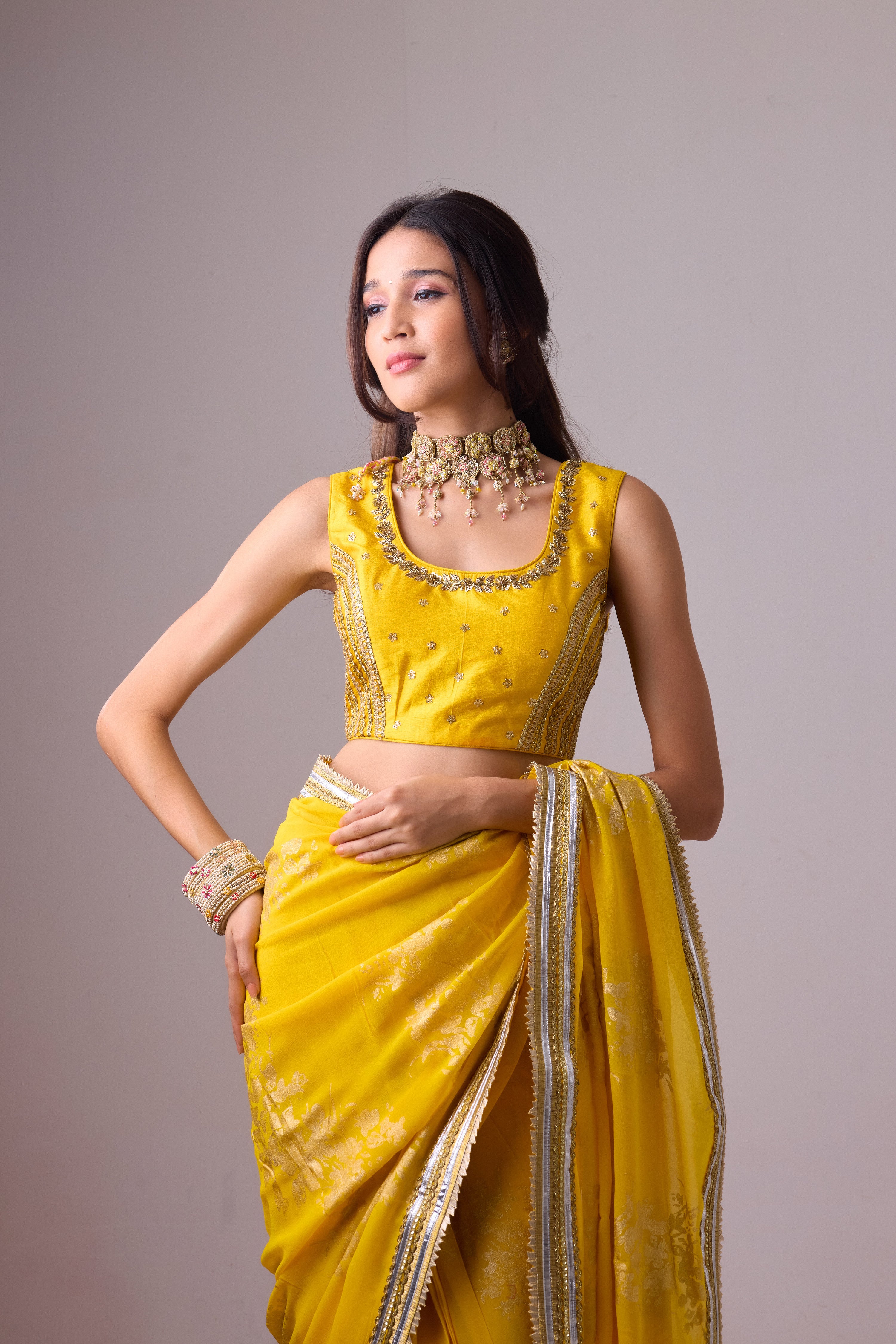 Georgette Badal sitara gold foil printed saree with gota blouse