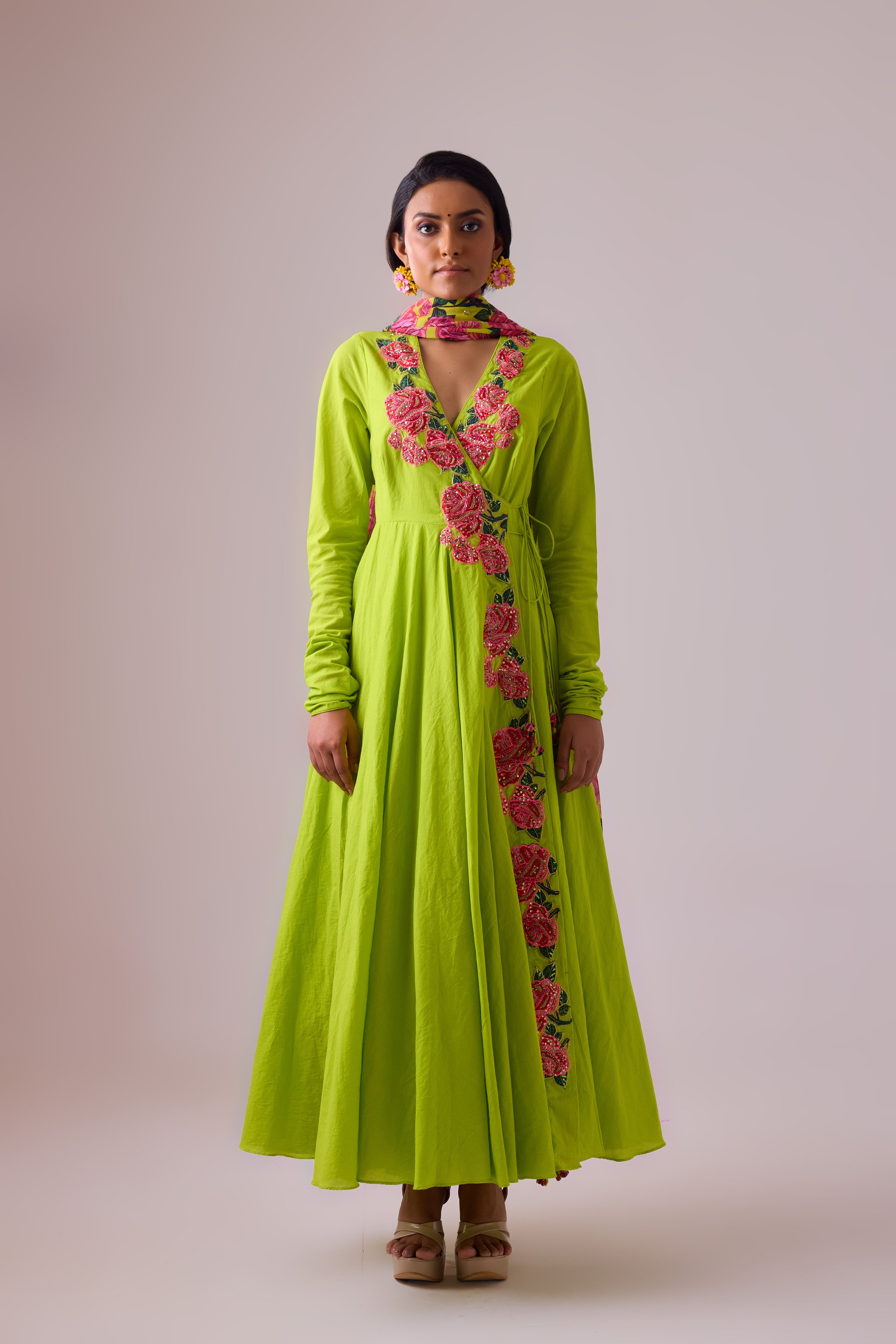 COTTON SOLID LIME ROSE APPLIQUE KALIDAR PAIRED WITH PRINTED DUPATTA AND CHURIDAR