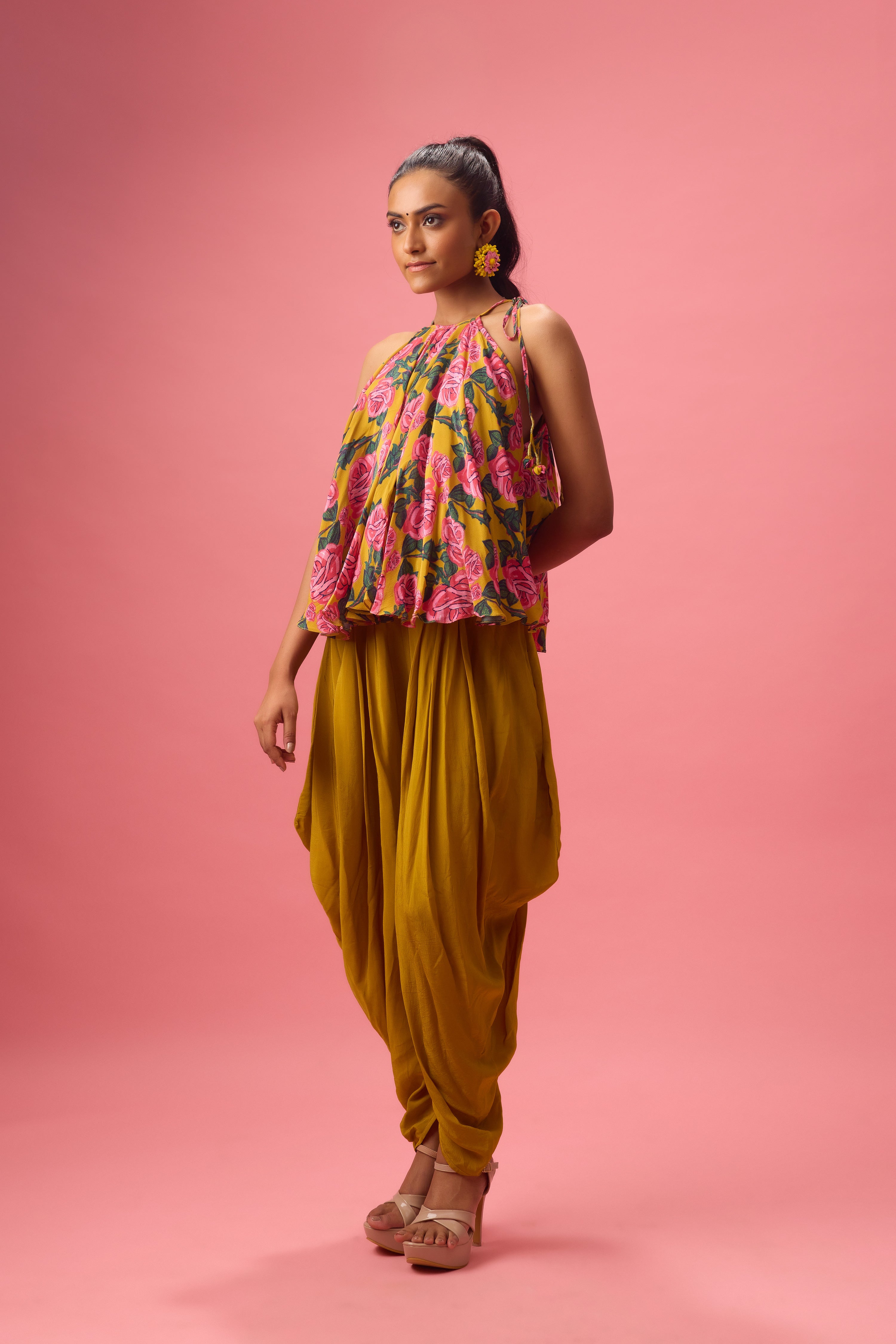 FLORAL PRINTED TOP PAIRED WITH SOLID DHOTI