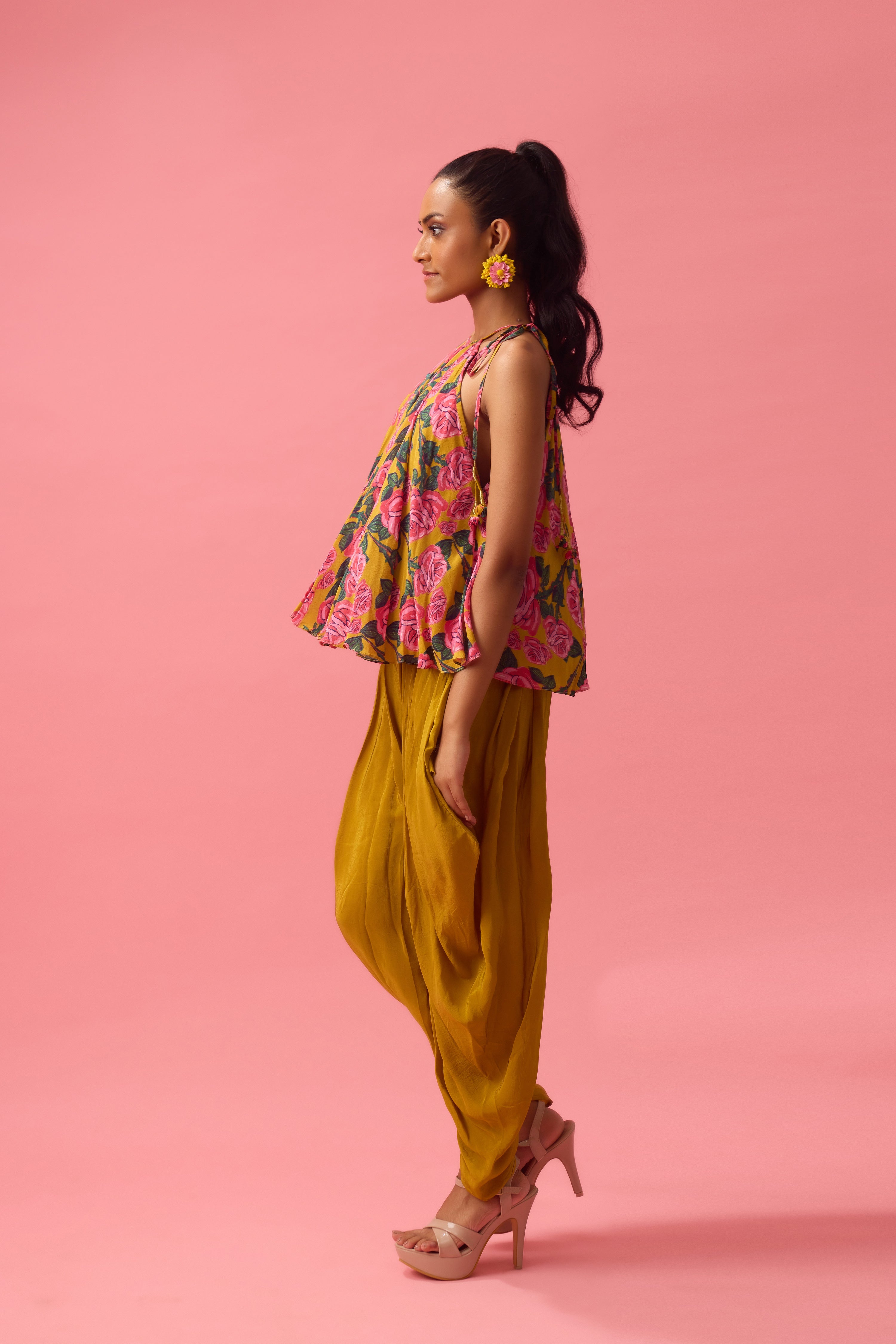 FLORAL PRINTED TOP PAIRED WITH SOLID DHOTI