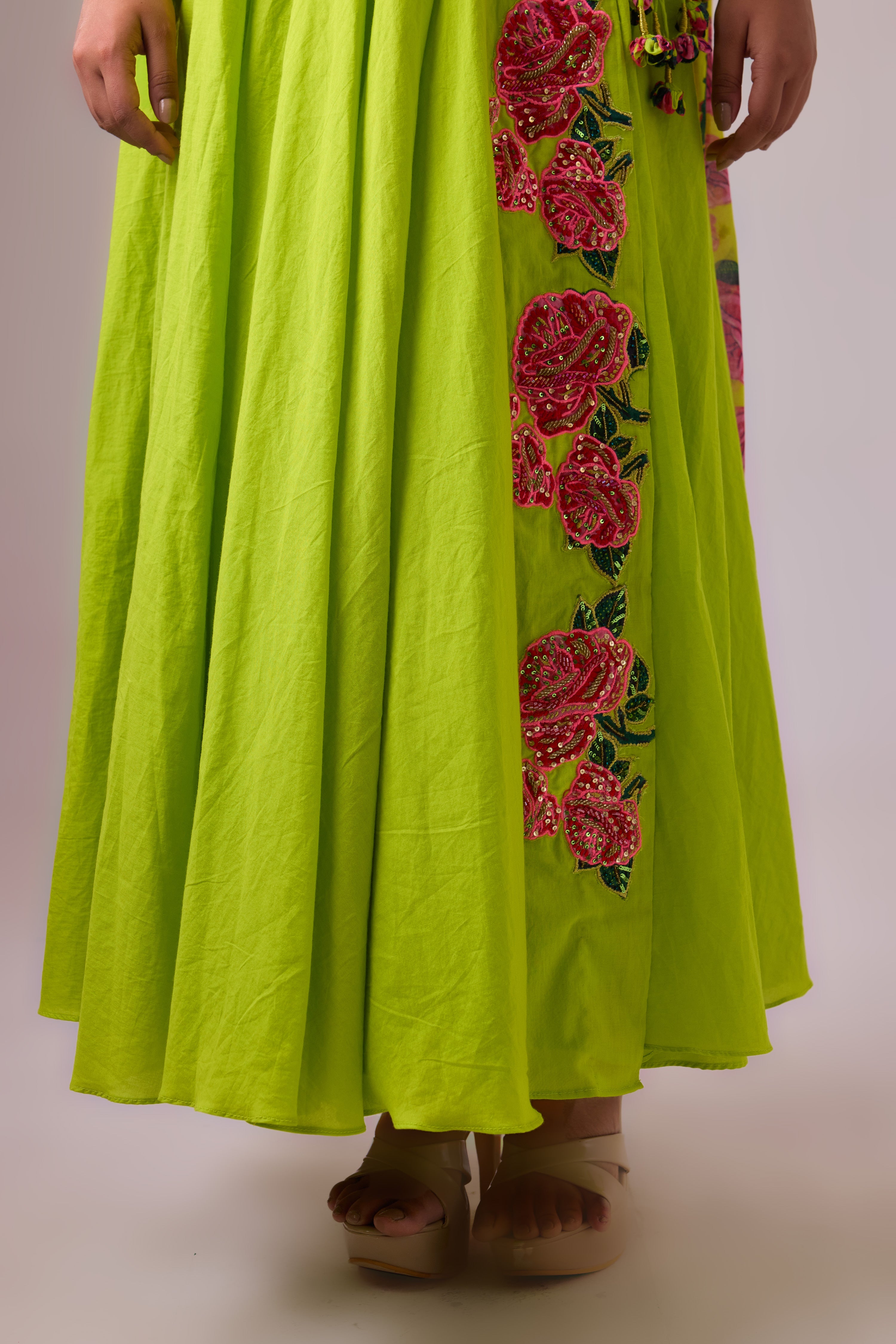 COTTON SOLID LIME ROSE APPLIQUE KALIDAR PAIRED WITH PRINTED DUPATTA AND CHURIDAR