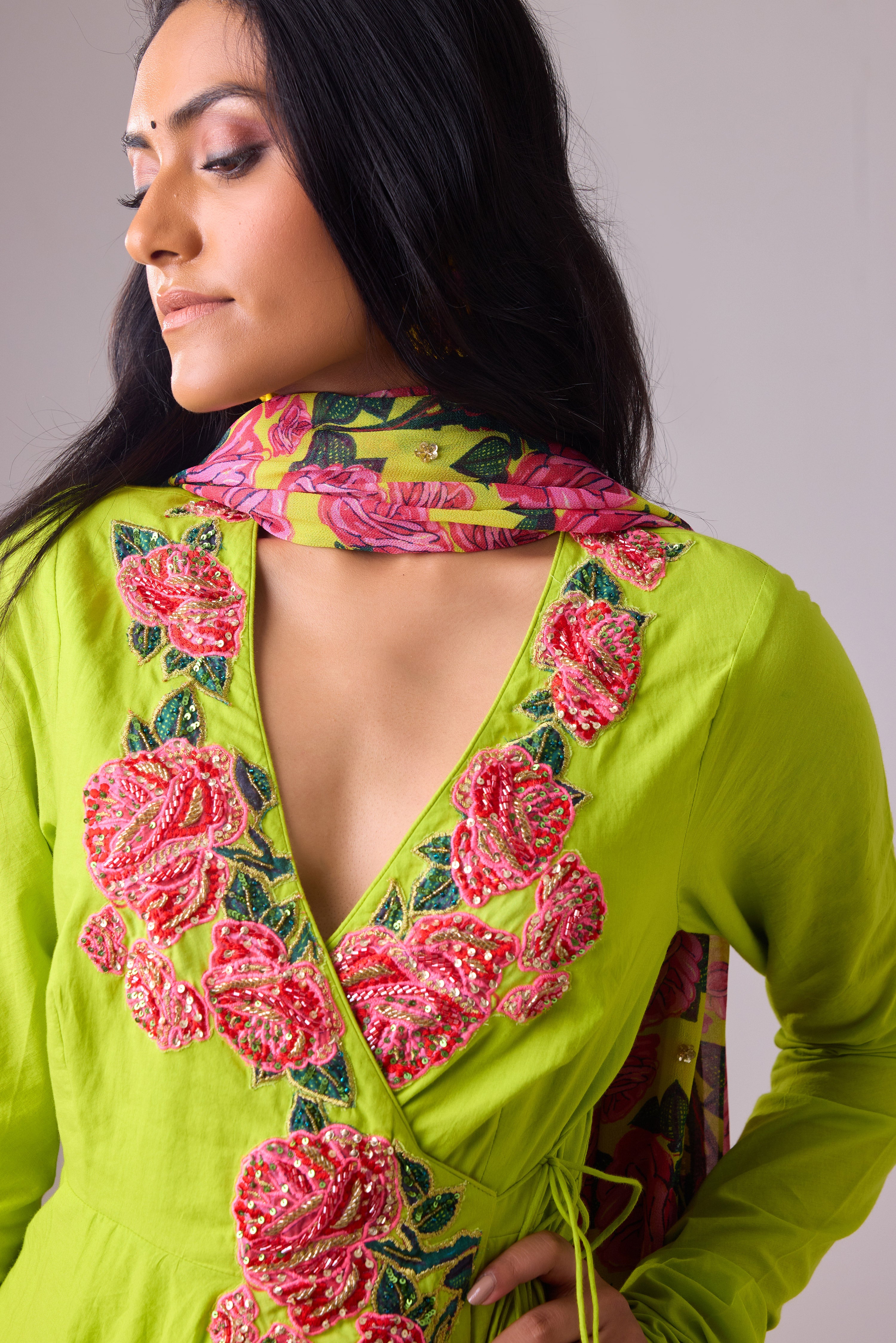 COTTON SOLID LIME ROSE APPLIQUE KALIDAR PAIRED WITH PRINTED DUPATTA AND CHURIDAR