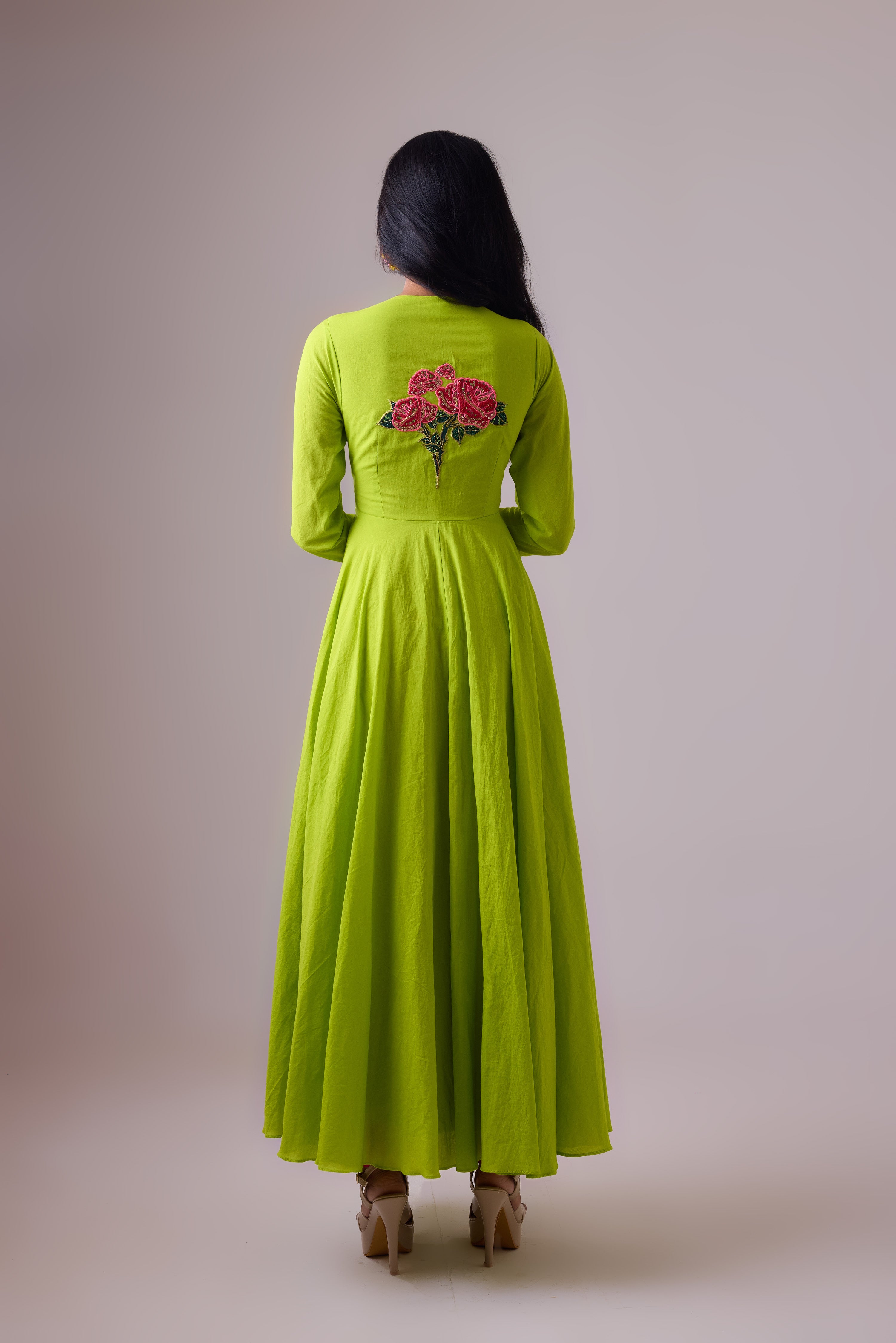 COTTON SOLID LIME ROSE APPLIQUE KALIDAR PAIRED WITH PRINTED DUPATTA AND CHURIDAR