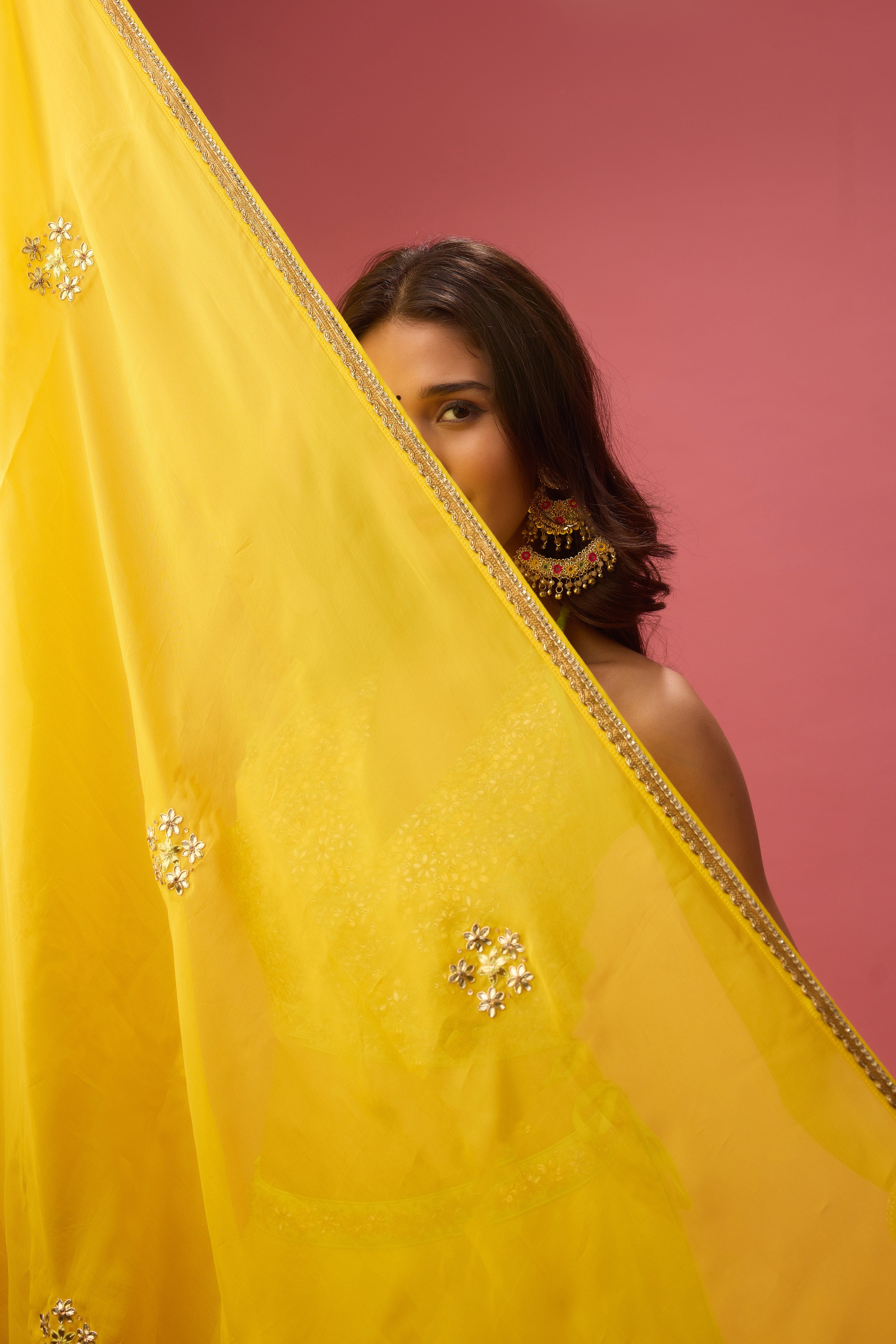 LIME GREEN DOUBLE LAYER ORGANZA LEHENGA PAIRED WITH BLOUSE &DUPATTA