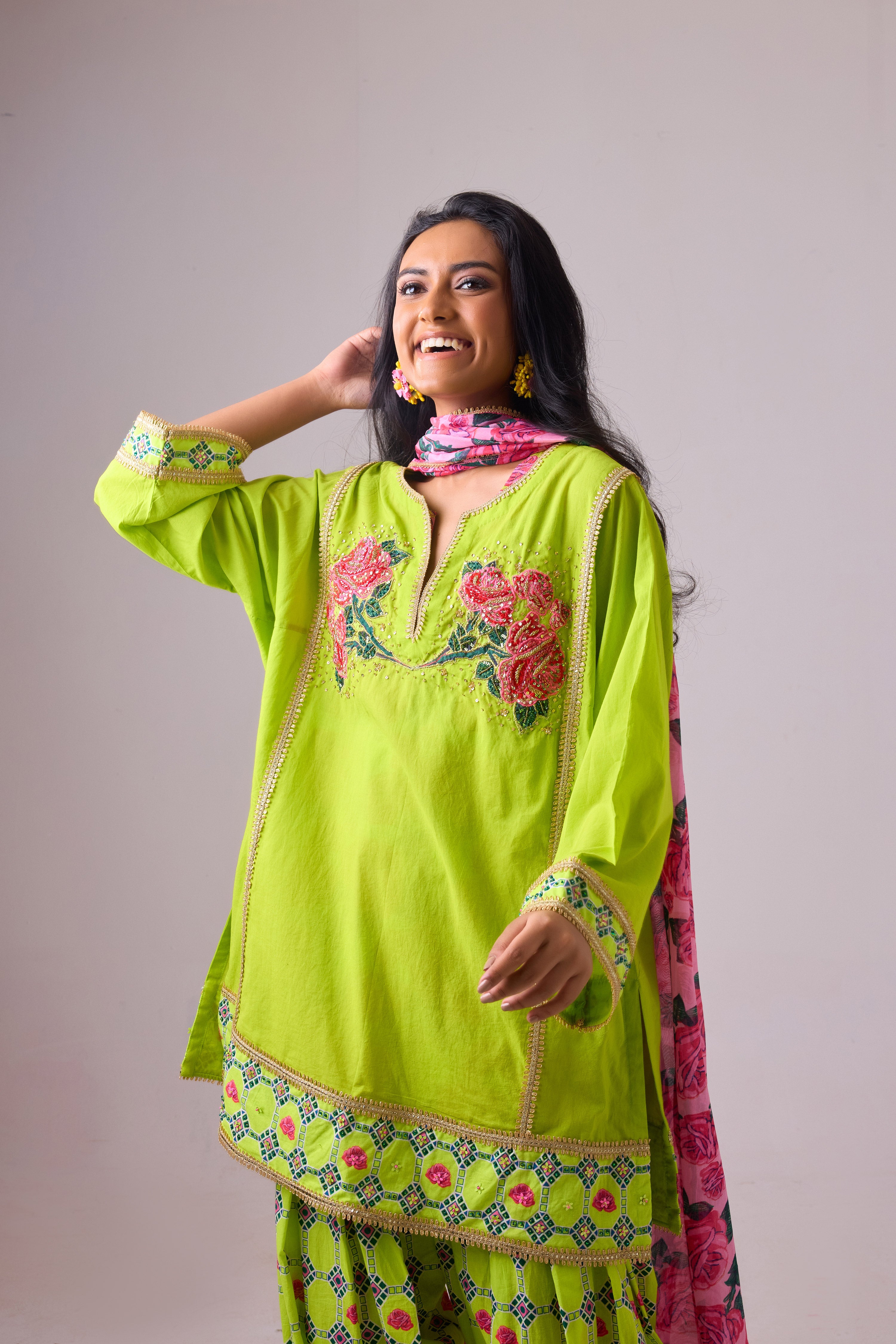 COTTON SOLID LIME STRAIGHT ROSE APPILIQUE KURTA PAIRED WITH PRINTED SALWAR AND DUPATTA