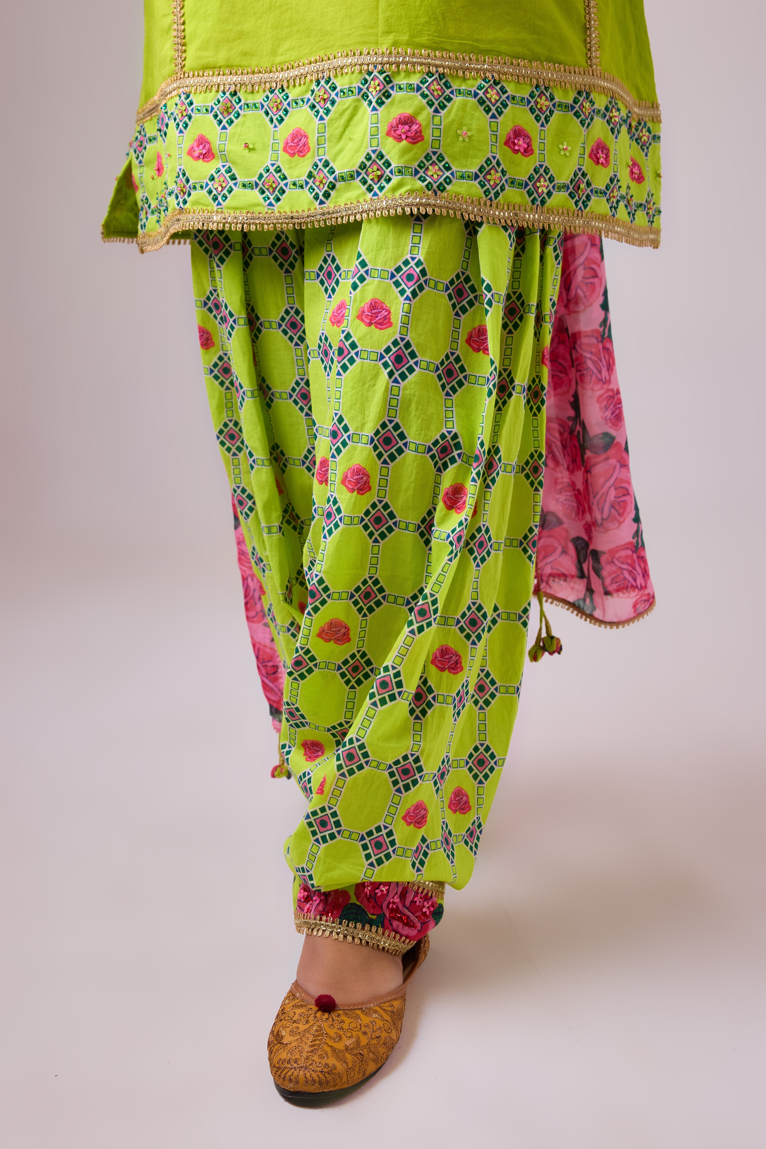 COTTON SOLID LIME STRAIGHT ROSE APPILIQUE KURTA PAIRED WITH PRINTED SALWAR AND DUPATTA