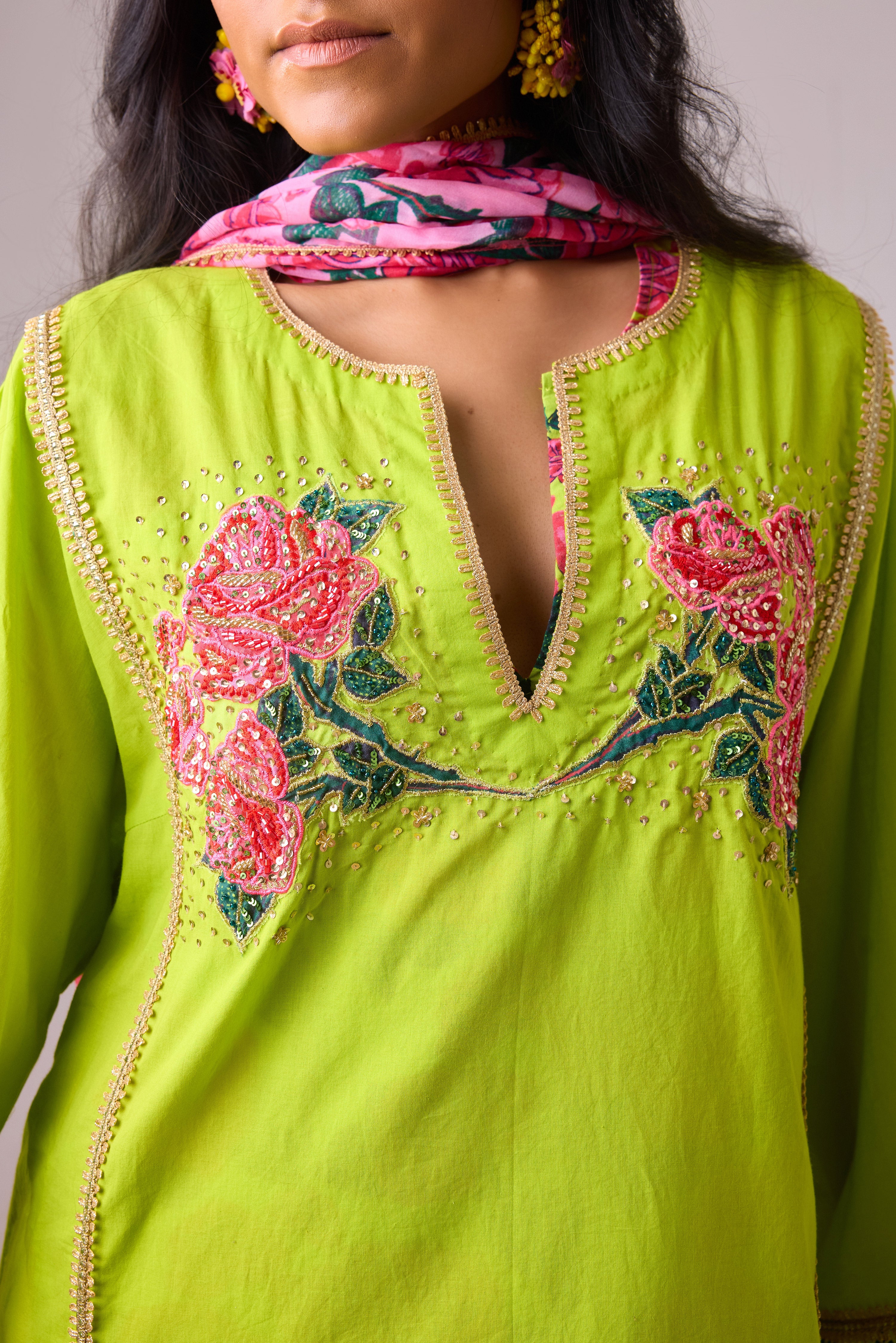 COTTON SOLID LIME STRAIGHT ROSE APPILIQUE KURTA PAIRED WITH PRINTED SALWAR AND DUPATTA