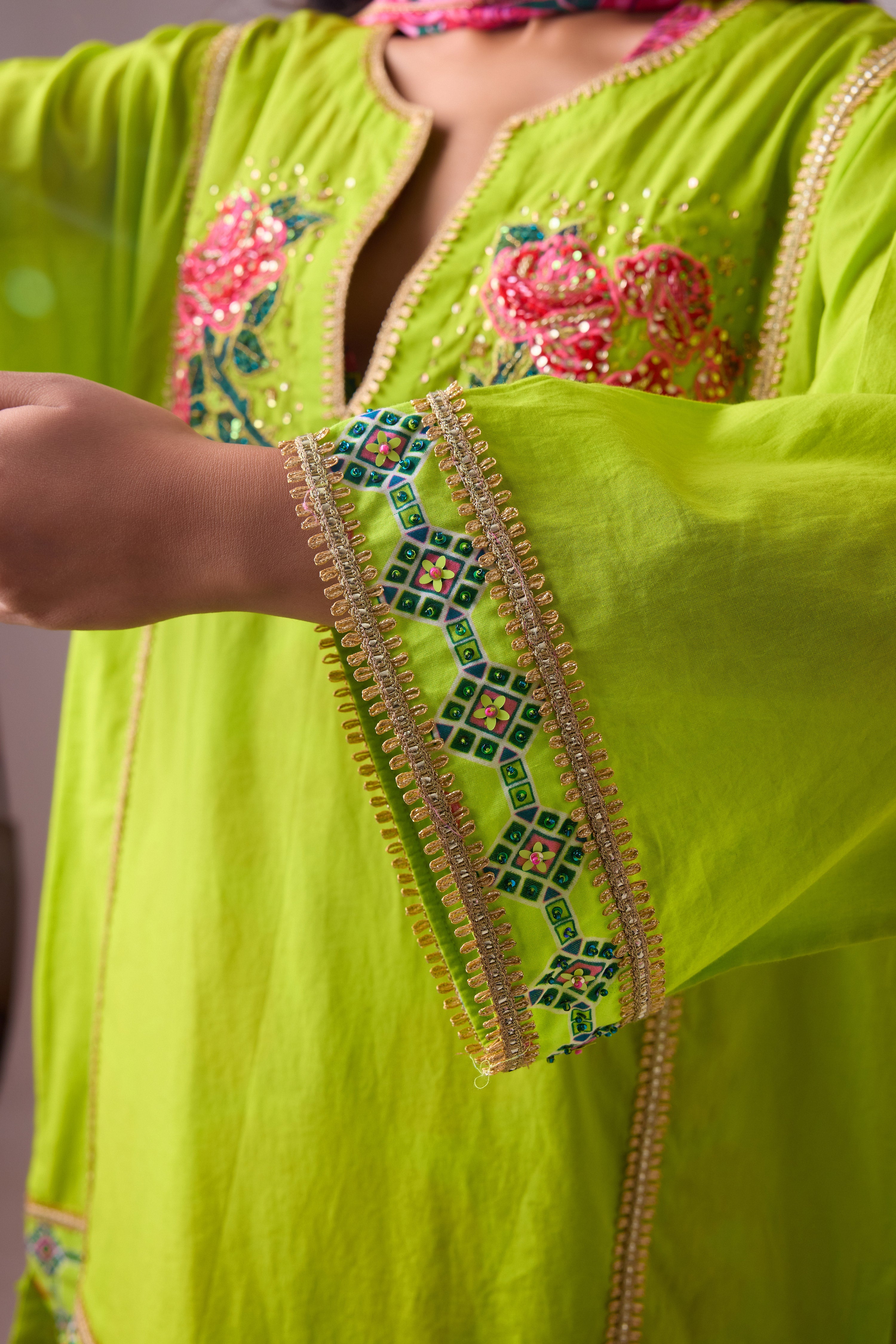 COTTON SOLID LIME STRAIGHT ROSE APPILIQUE KURTA PAIRED WITH PRINTED SALWAR AND DUPATTA