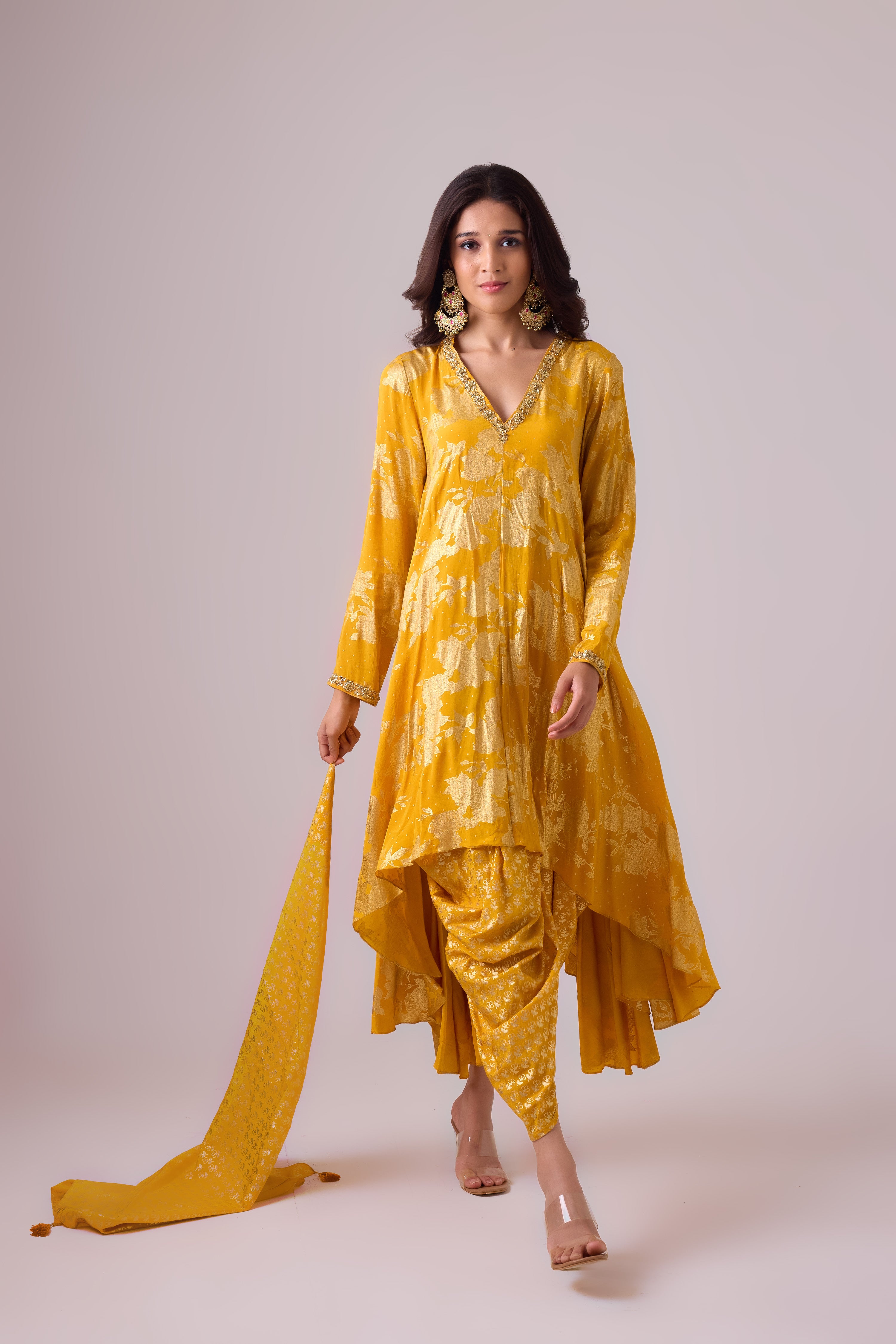 Long asymmetrical foil printed kurta